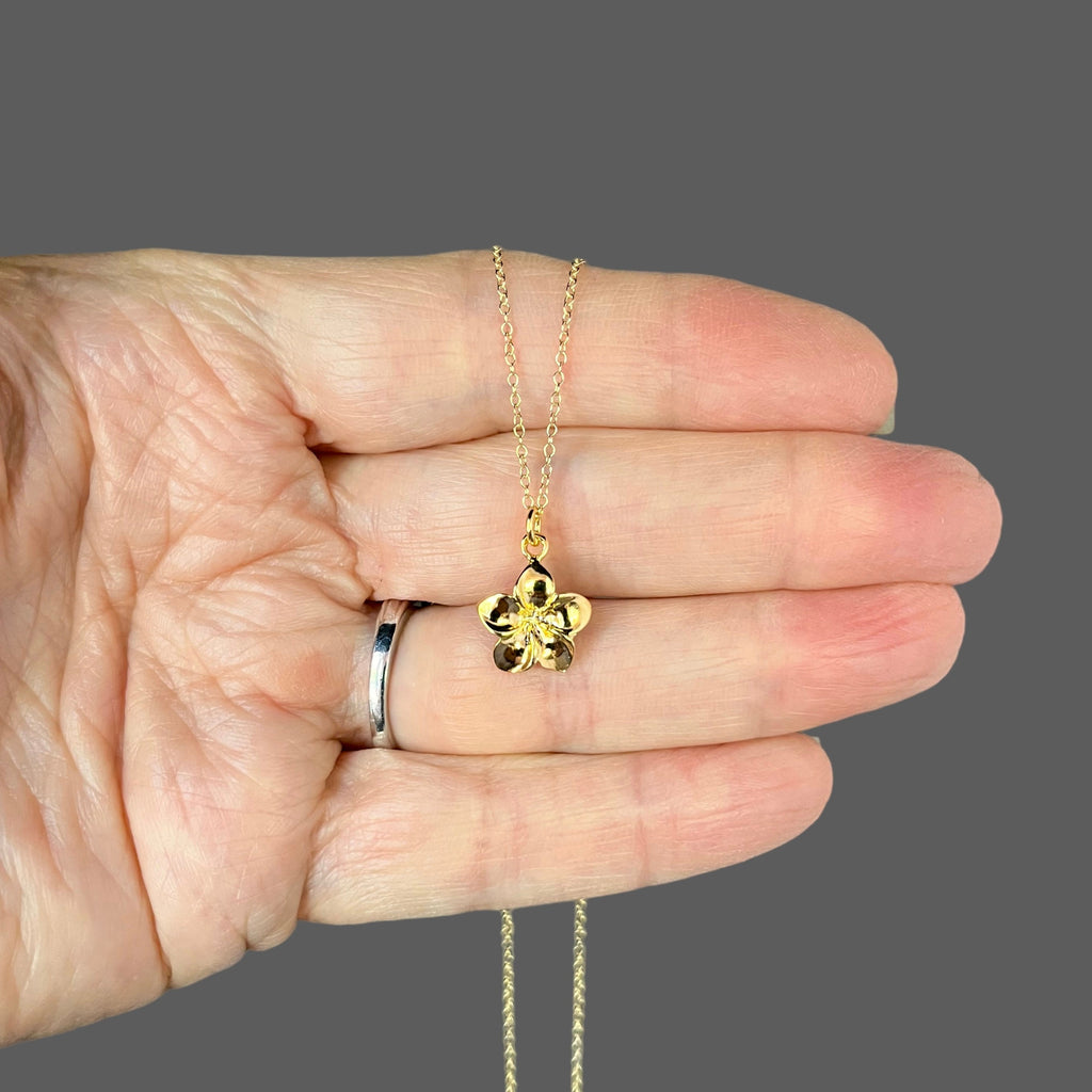 Gold Vermeil Plumeria Flower Pendant on Gold Filled Chain