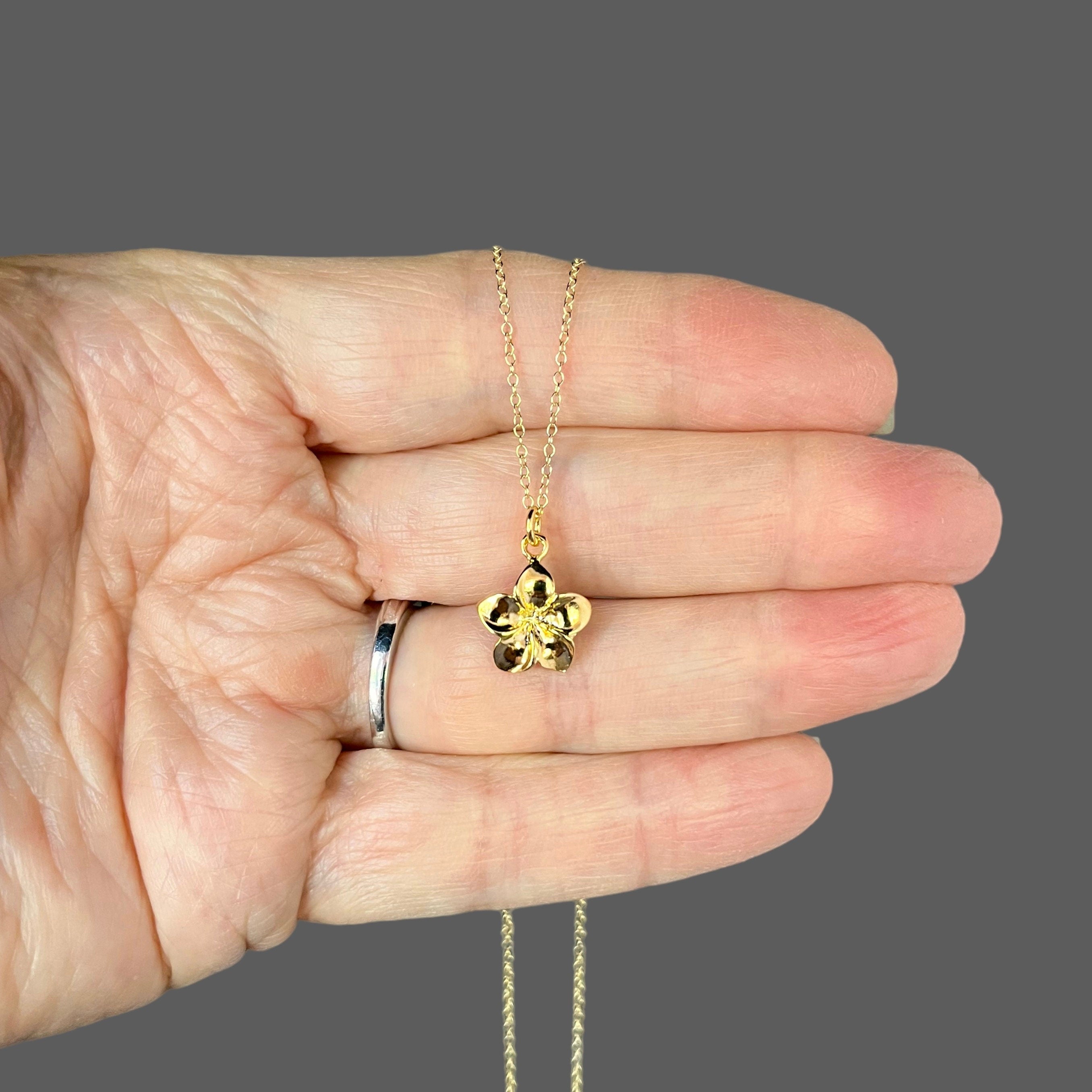 Gold Vermeil Plumeria Flower Pendant on Gold Filled Chain