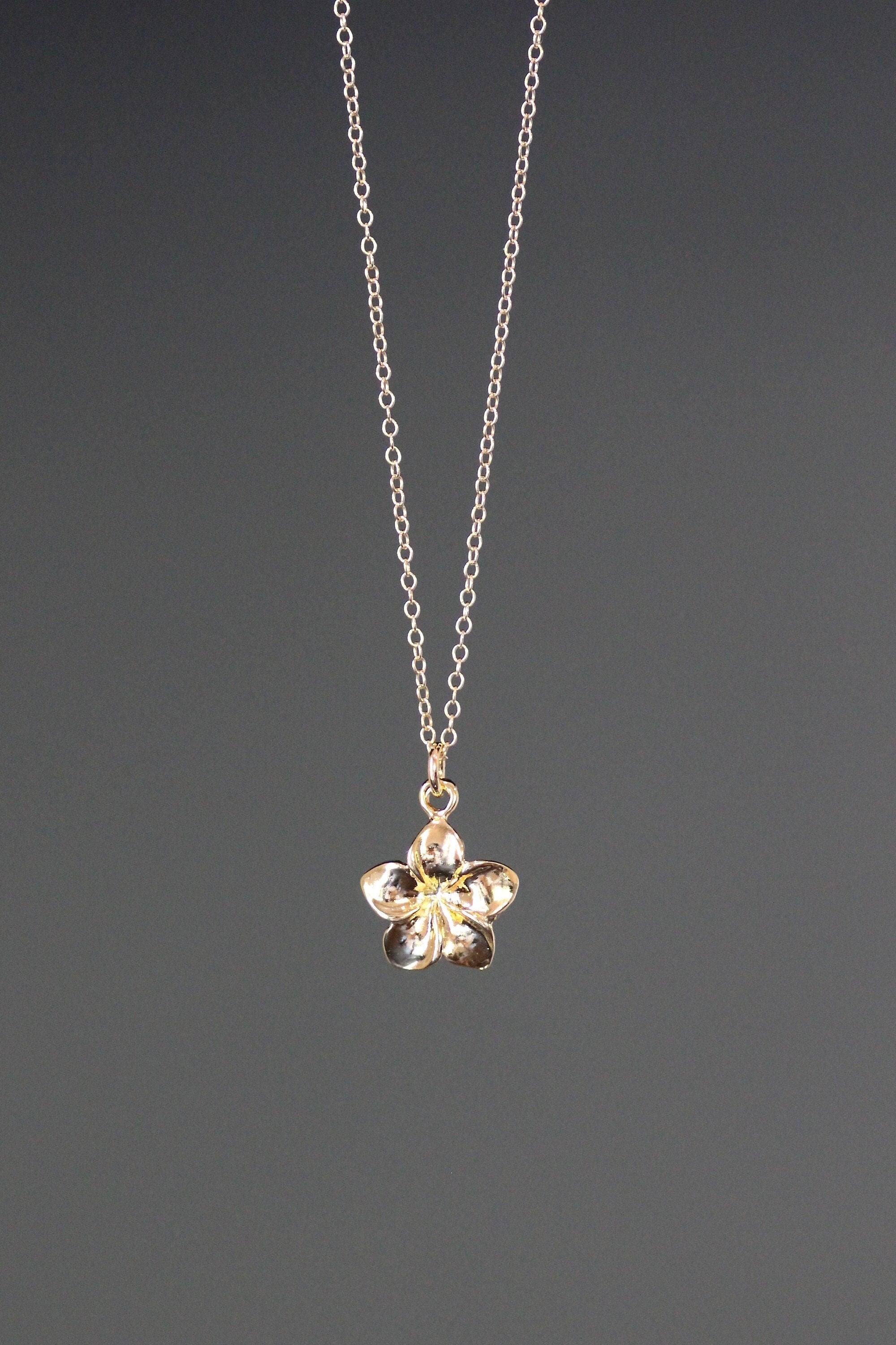 Gold Vermeil Plumeria Flower Pendant on Gold Filled Chain