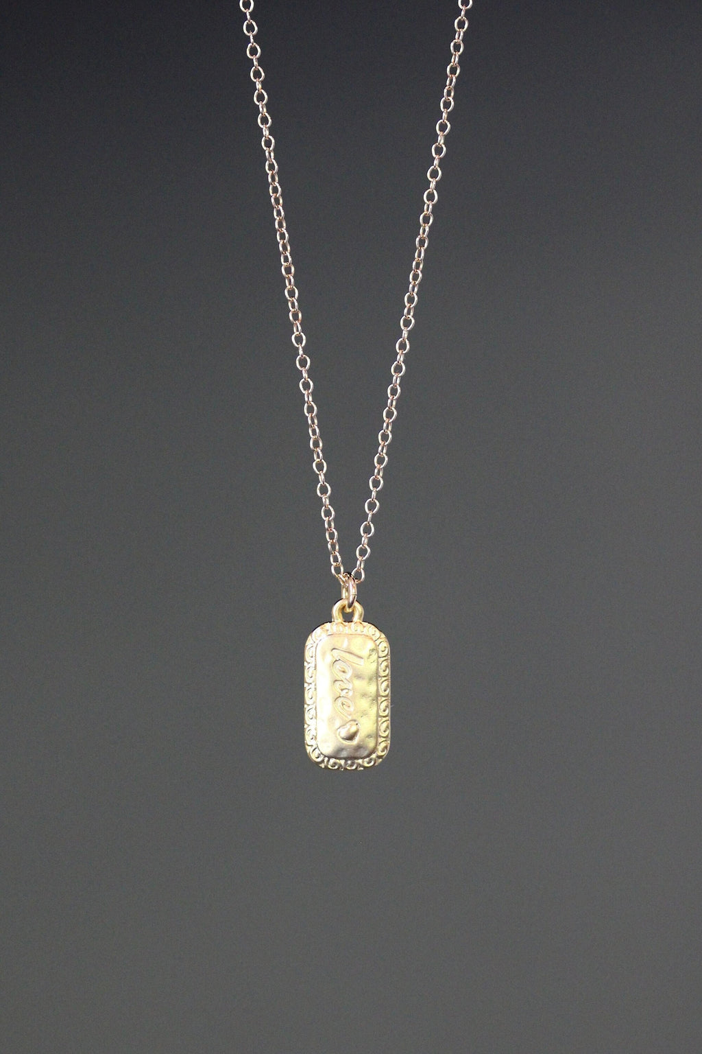 Gold Vermeil Love Dog Tag Pendant Necklace on a Gold Filled Chain