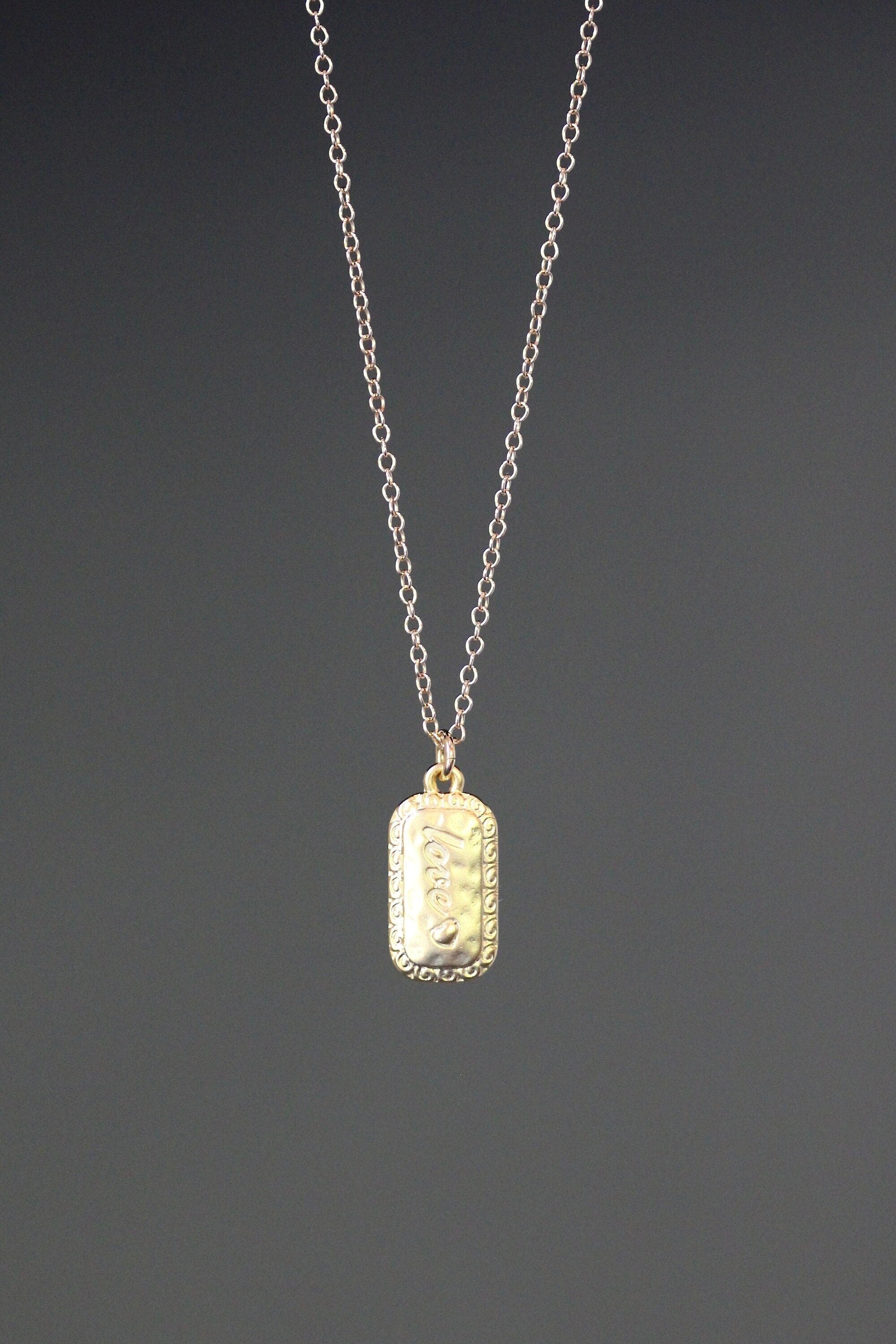 Gold Vermeil Love Dog Tag Pendant Necklace on a Gold Filled Chain