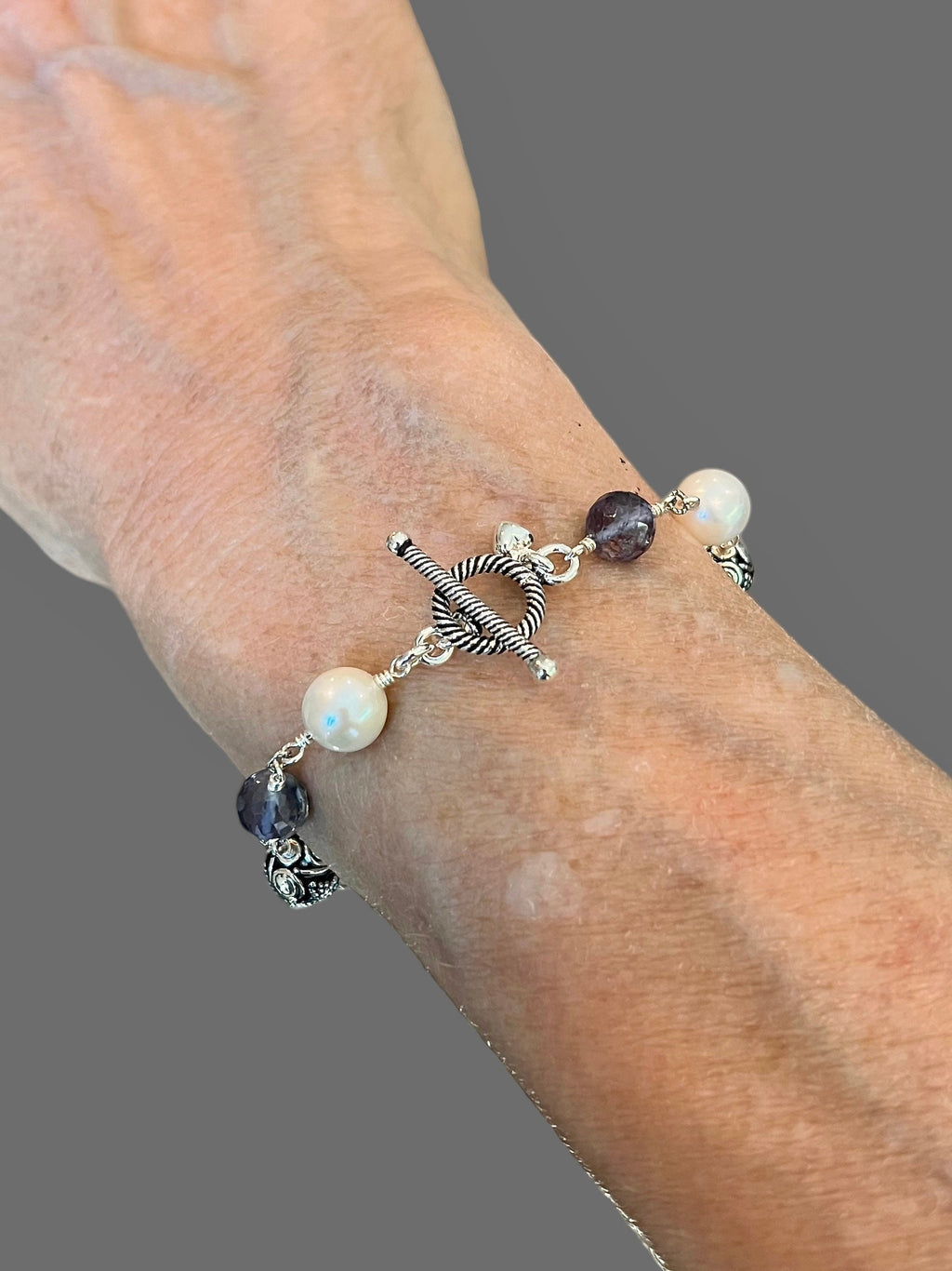 Blue Iolite, Freshwater Pearl, and Bali Sterling Silver Bracelet