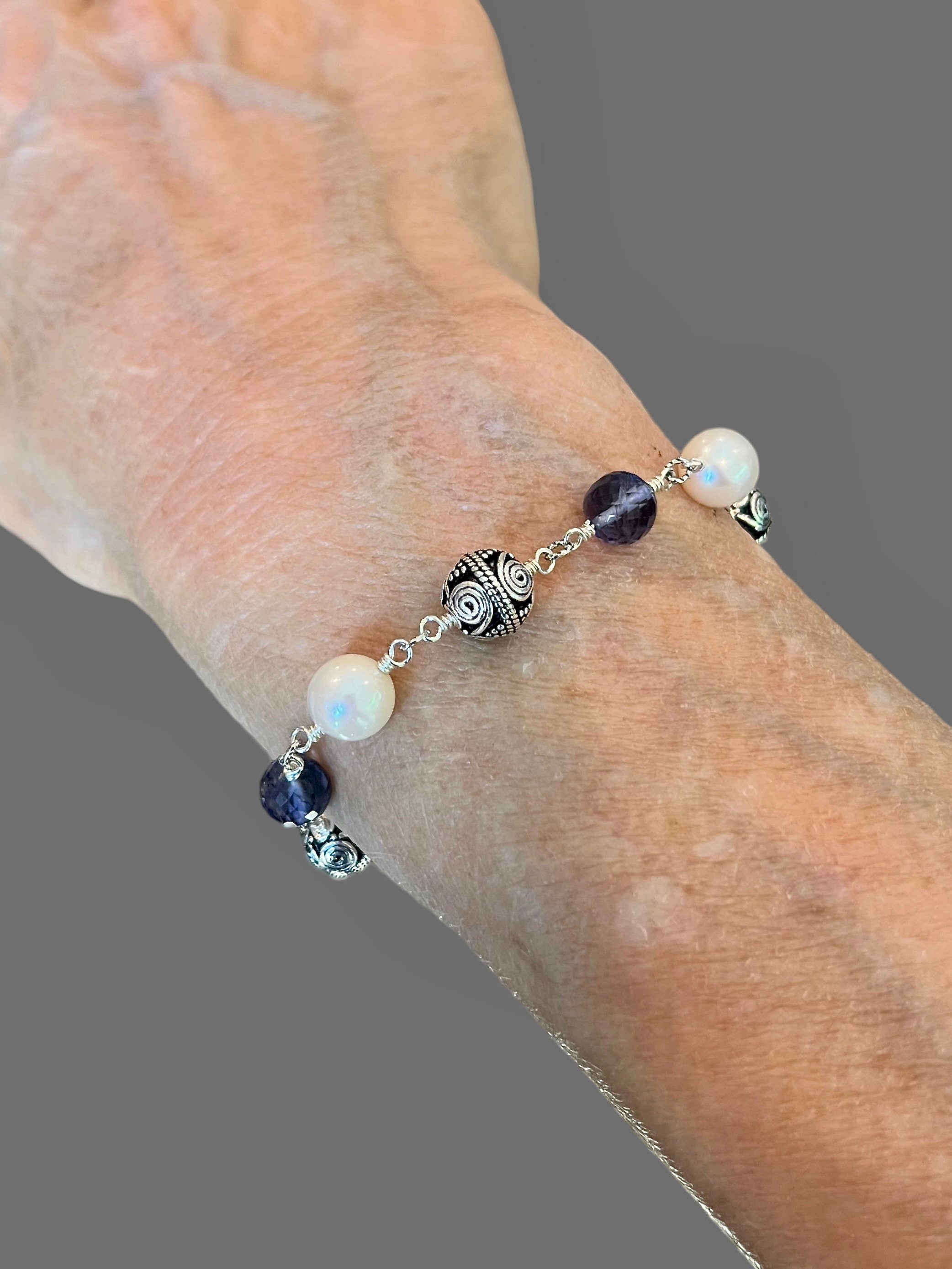 Blue Iolite, Freshwater Pearl, and Bali Sterling Silver Bracelet