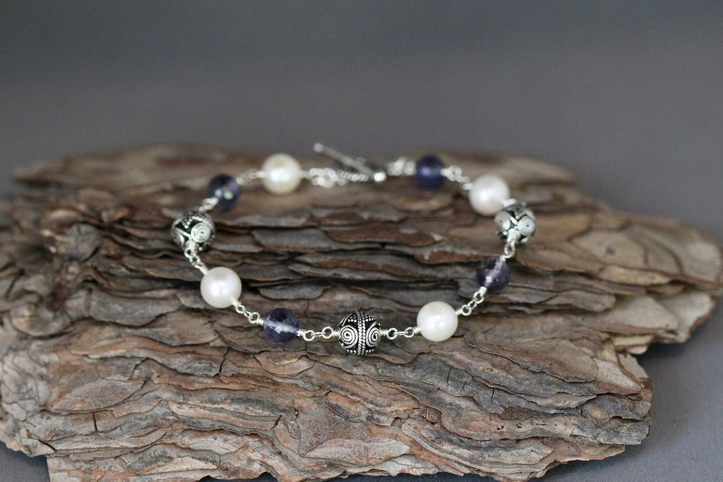 Blue Iolite, Freshwater Pearl, and Bali Sterling Silver Bracelet