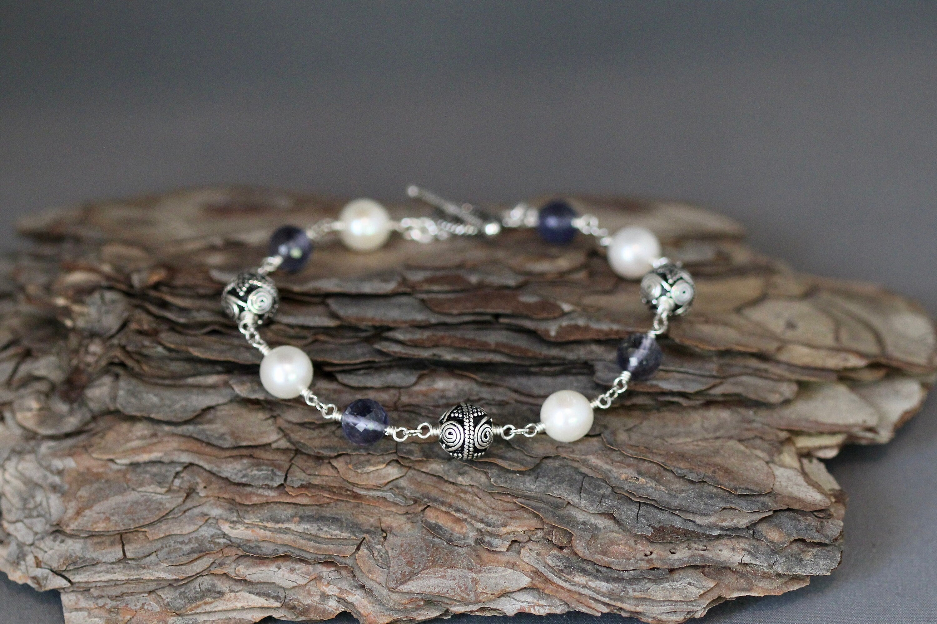 Blue Iolite, Freshwater Pearl, and Bali Sterling Silver Bracelet