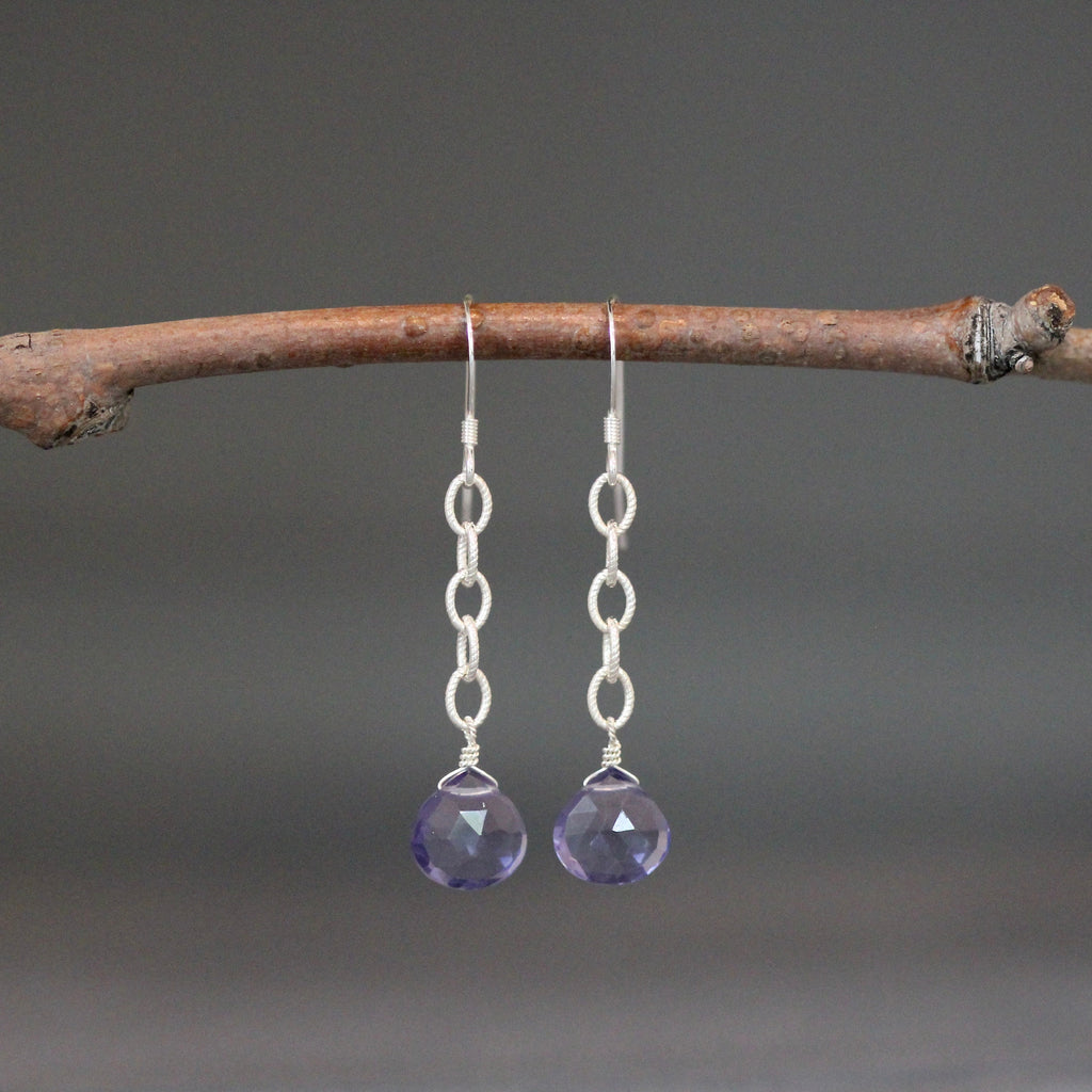 Iolite Quartz Teardrop Earrings on Silver Chain Links