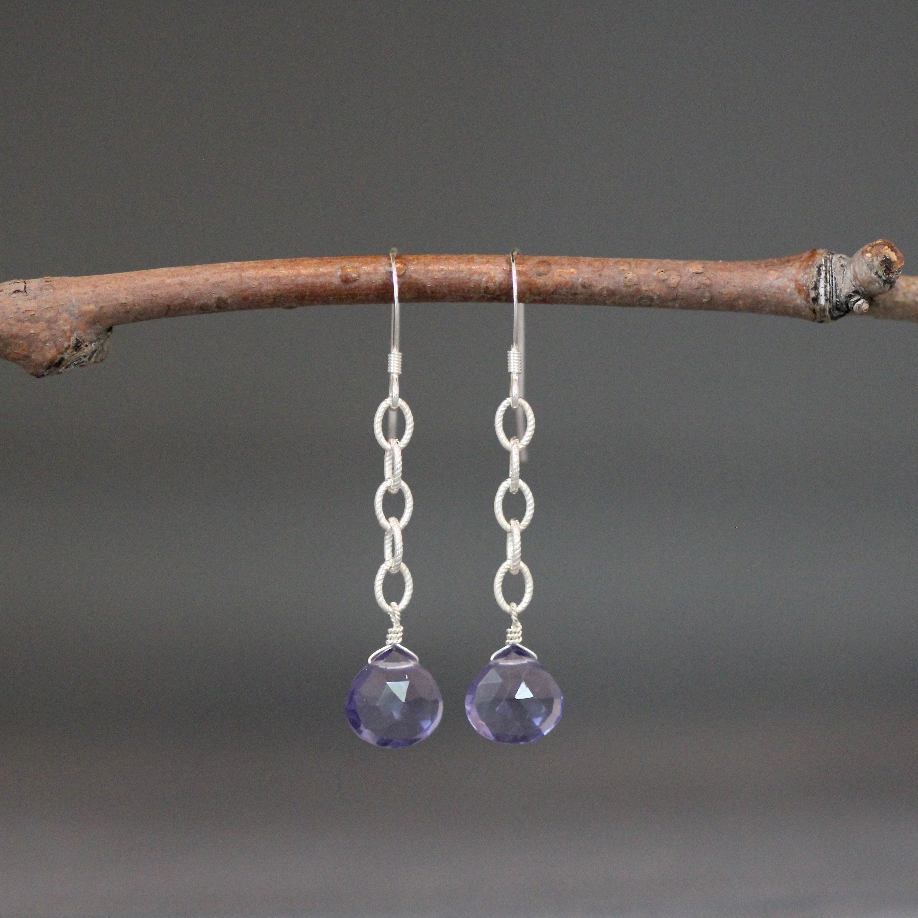 Iolite Quartz Teardrop Earrings on Silver Chain Links