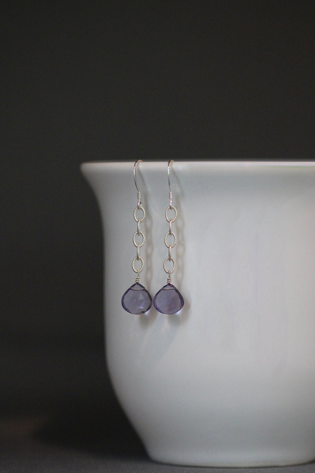 Iolite Quartz Teardrop Earrings on Silver Chain Links