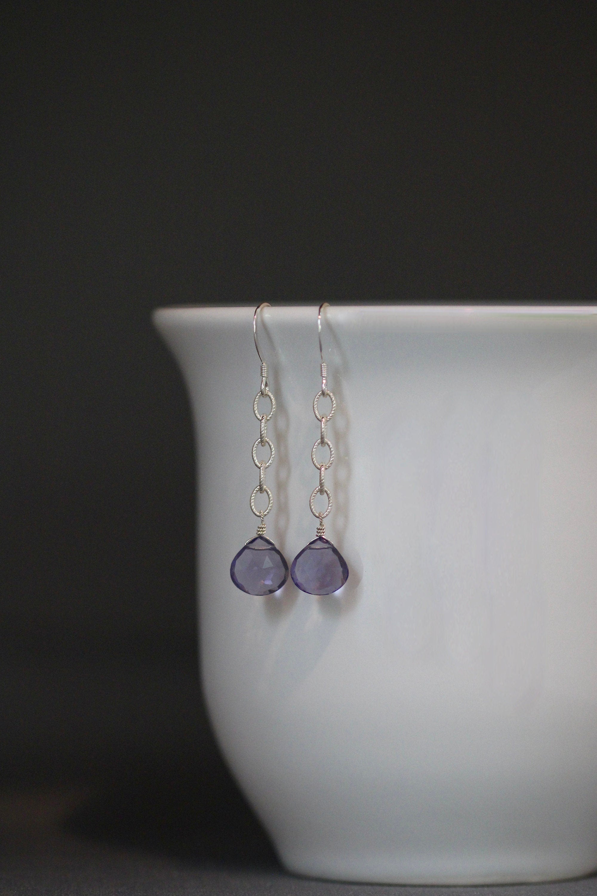 Iolite Quartz Teardrop Earrings on Silver Chain Links