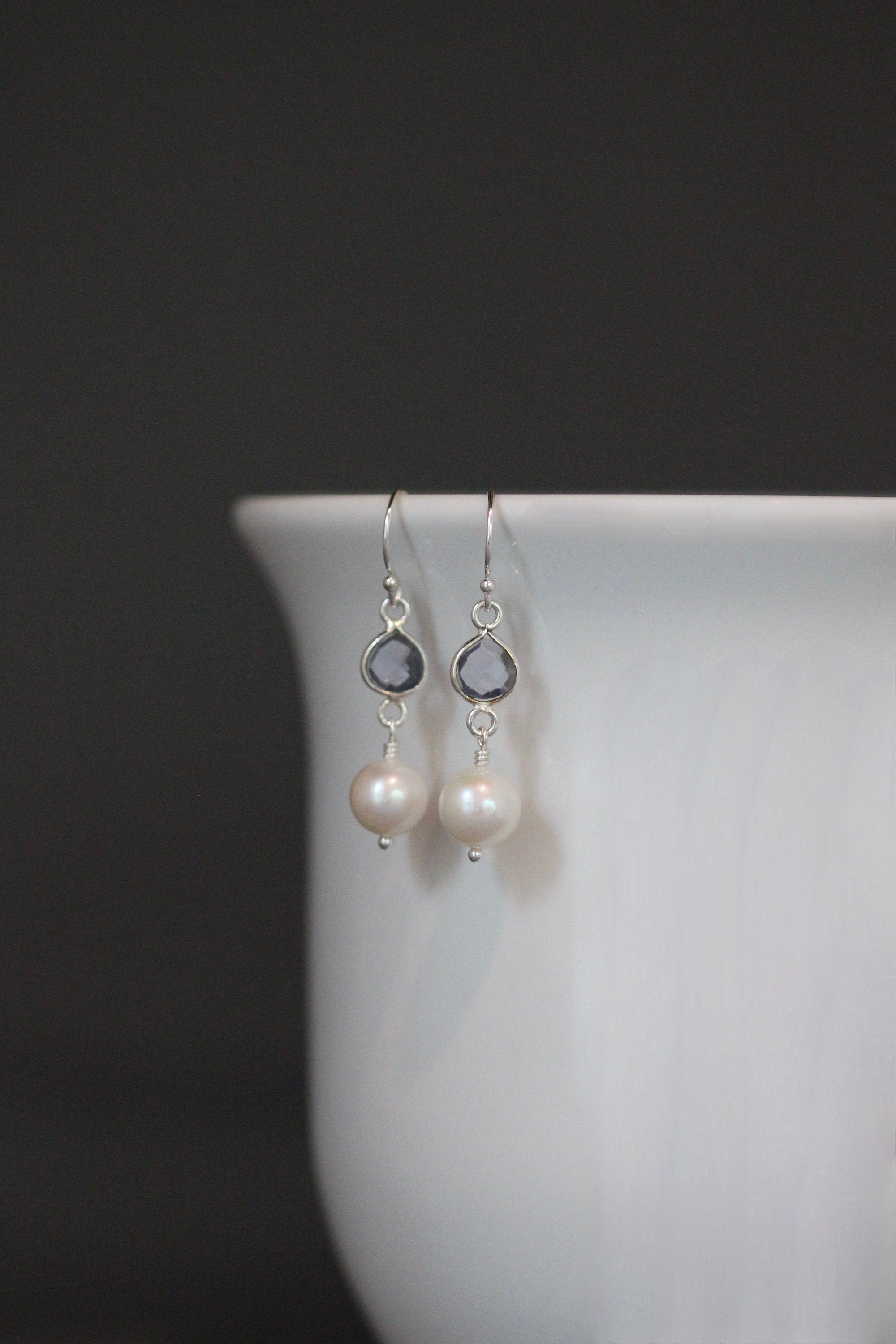 Iolite Quartz and Freshwater Pearl Dangle Earrings in Sterling Silver