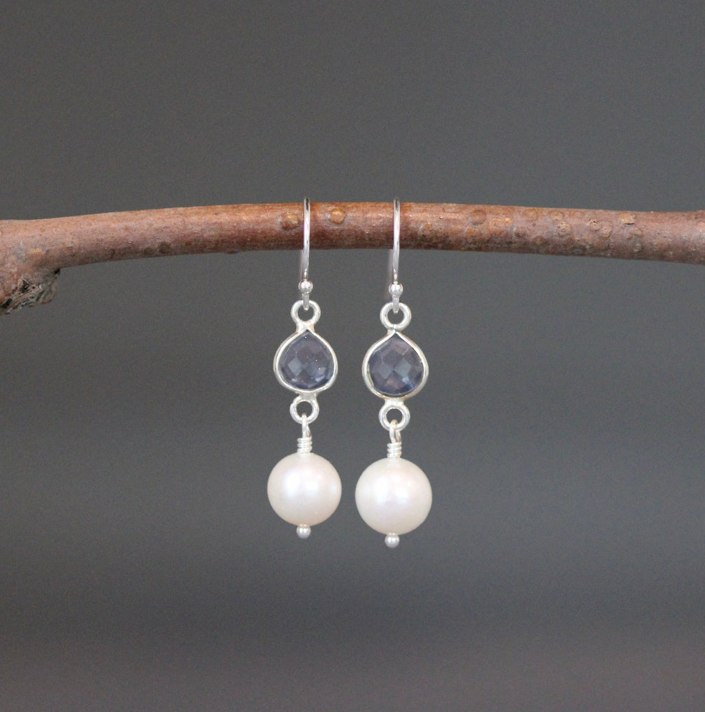 Iolite Quartz and Freshwater Pearl Dangle Earrings in Sterling Silver
