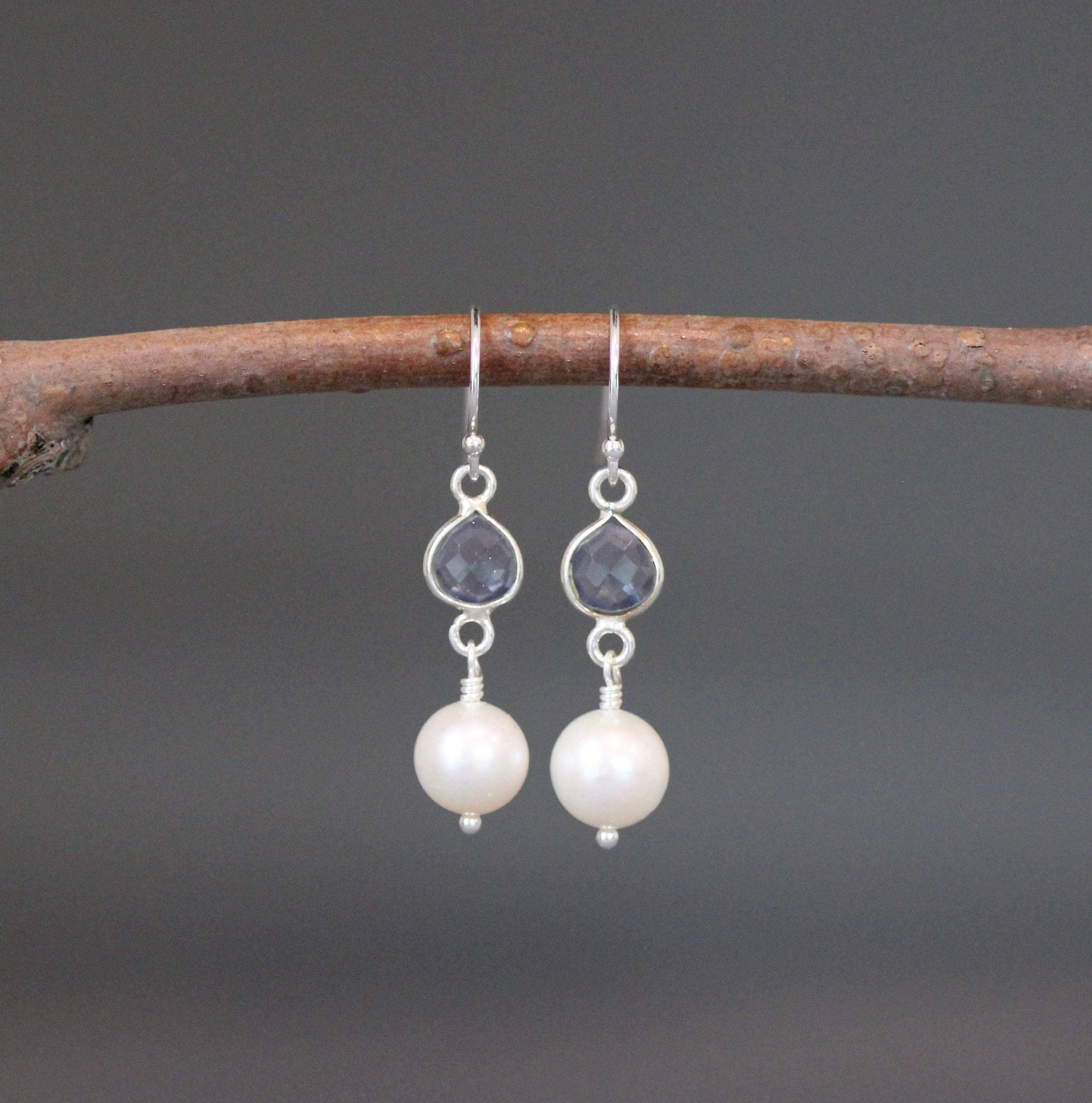 Iolite Quartz and Freshwater Pearl Dangle Earrings in Sterling Silver