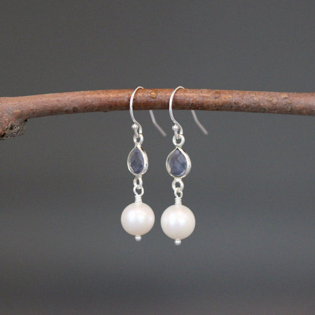 Iolite Quartz and Freshwater Pearl Dangle Earrings in Sterling Silver