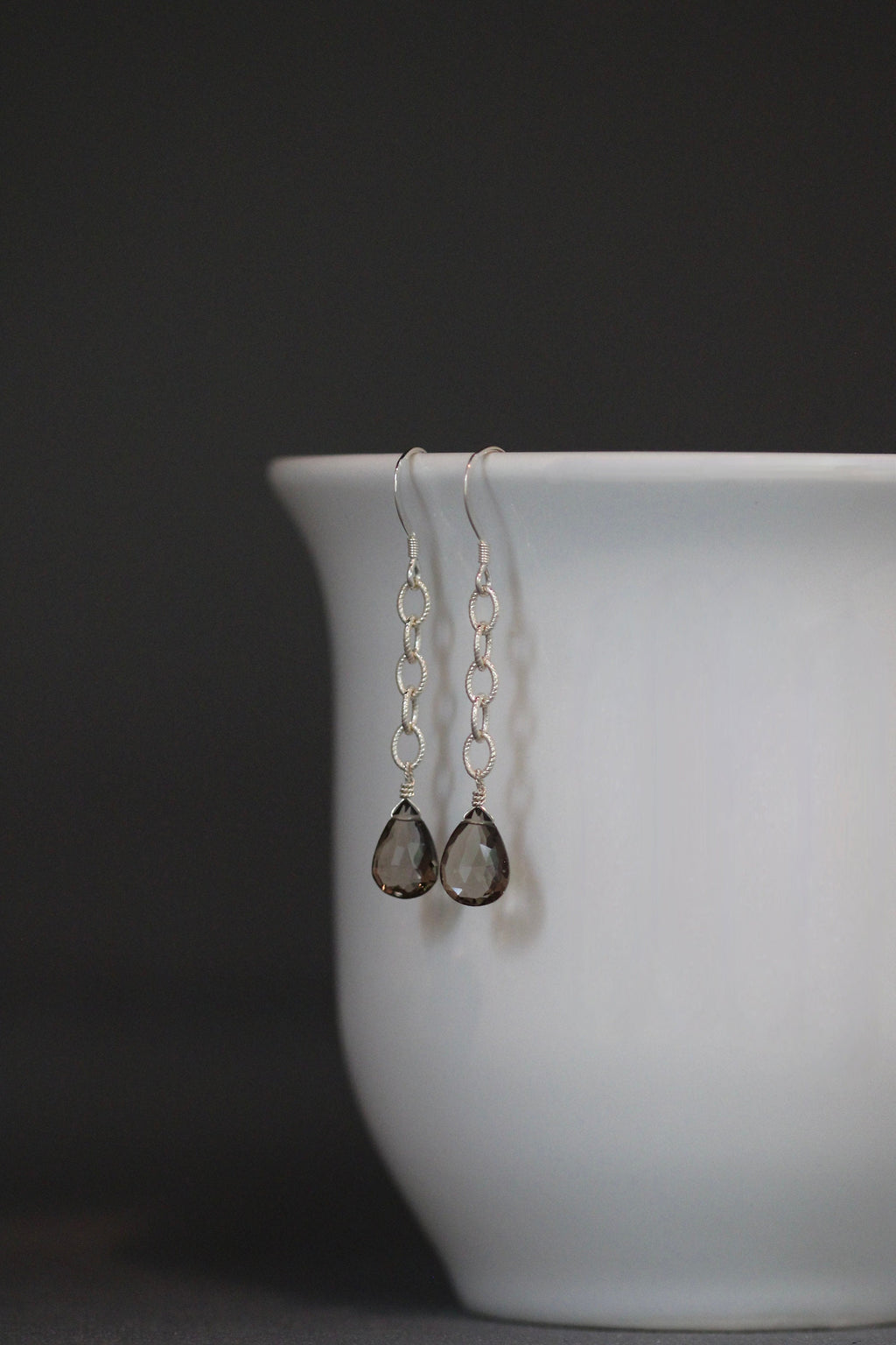 Smoky Quartz Teardrop Earrings on Sterling Silver Chain Links