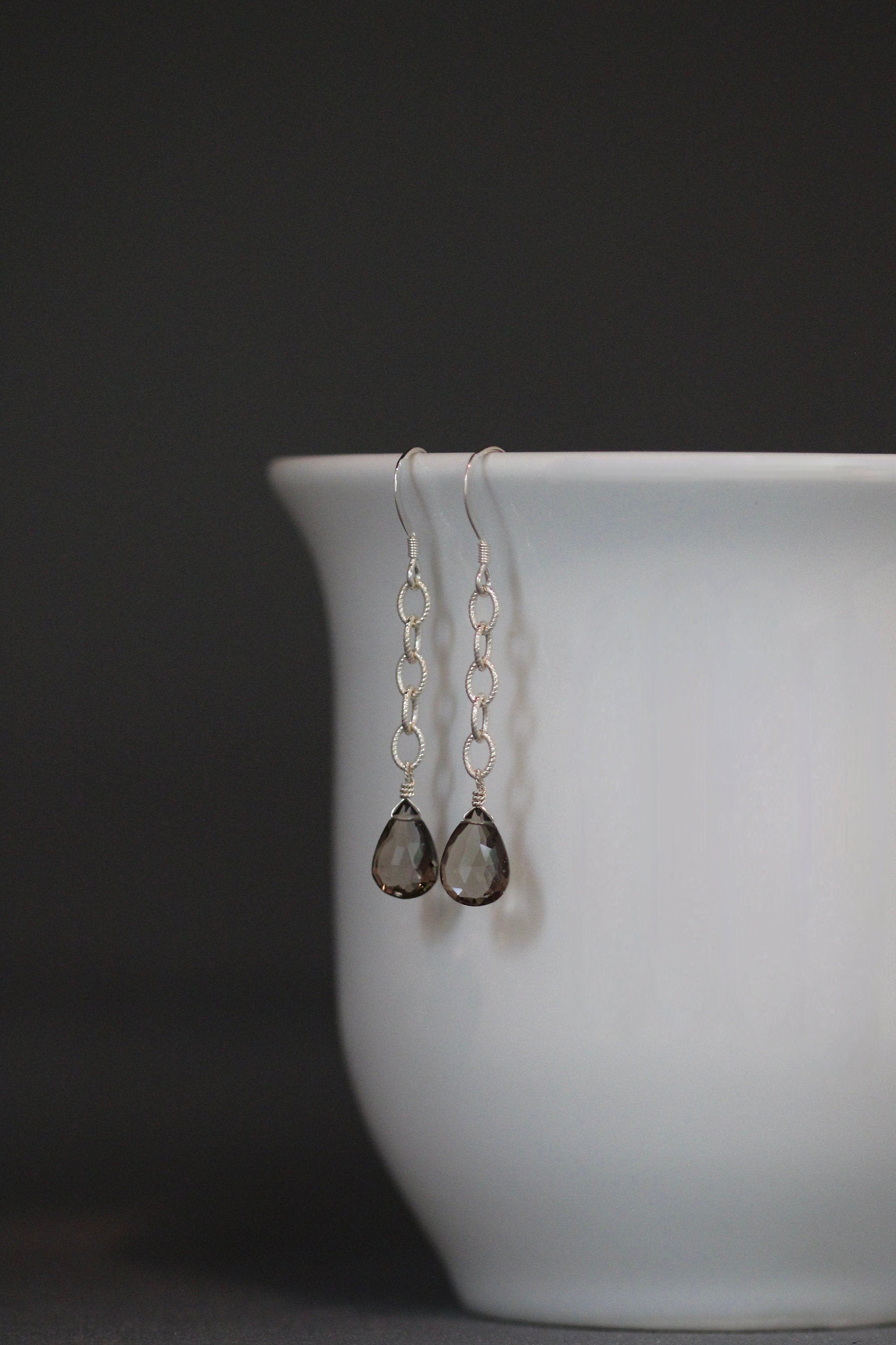 Smoky Quartz Teardrop Earrings on Sterling Silver Chain Links