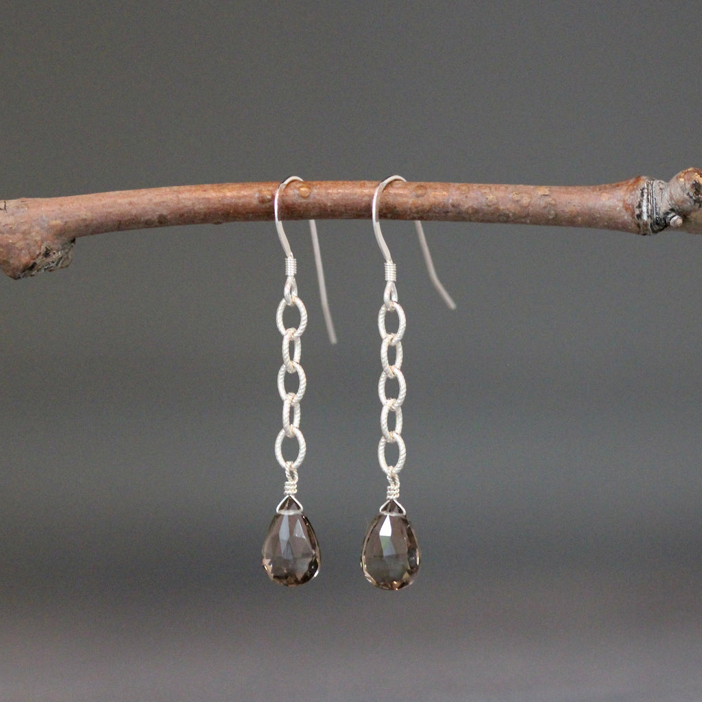 Smoky Quartz Teardrop Earrings on Sterling Silver Chain Links