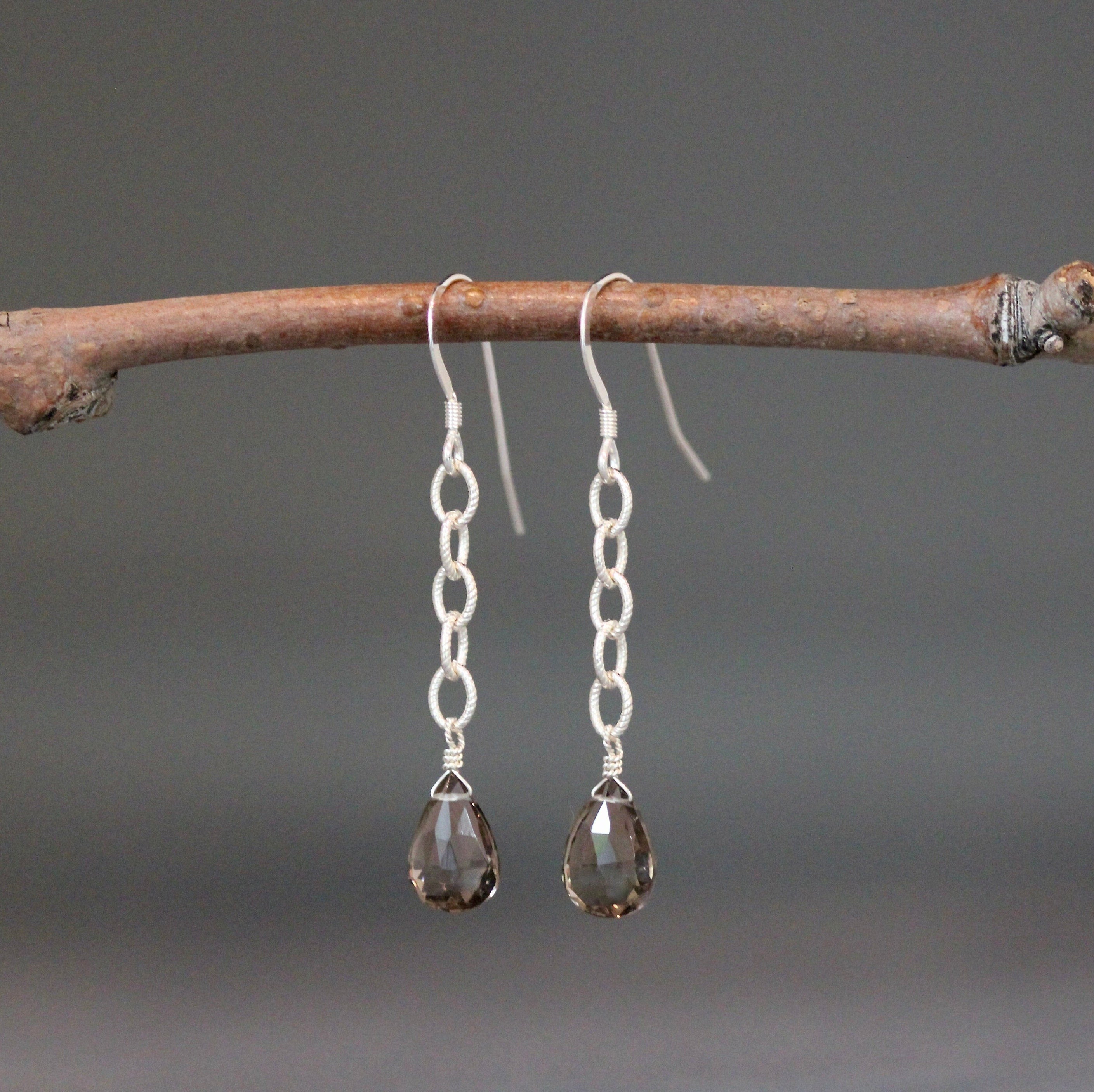 Smoky Quartz Teardrop Earrings on Sterling Silver Chain Links