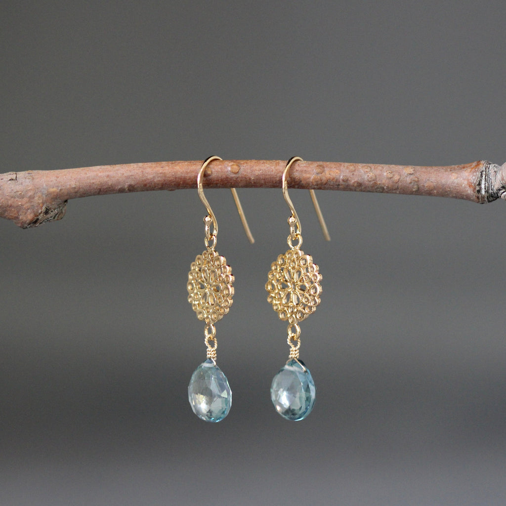 Green Mystic Quartz Teardrop Earrings on Gold Vermeil Filigree Links