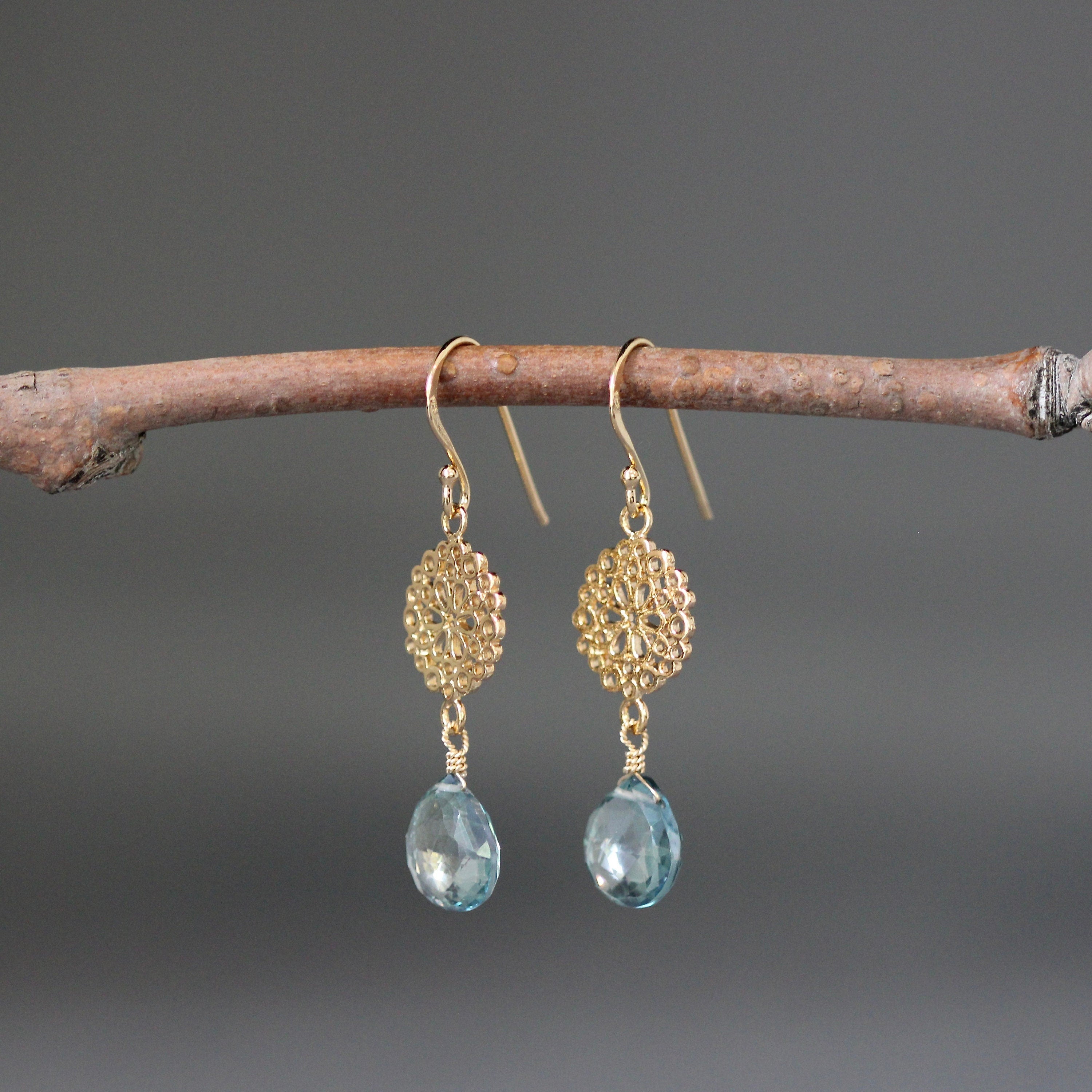 Green Mystic Quartz Teardrop Earrings on Gold Vermeil Filigree Links