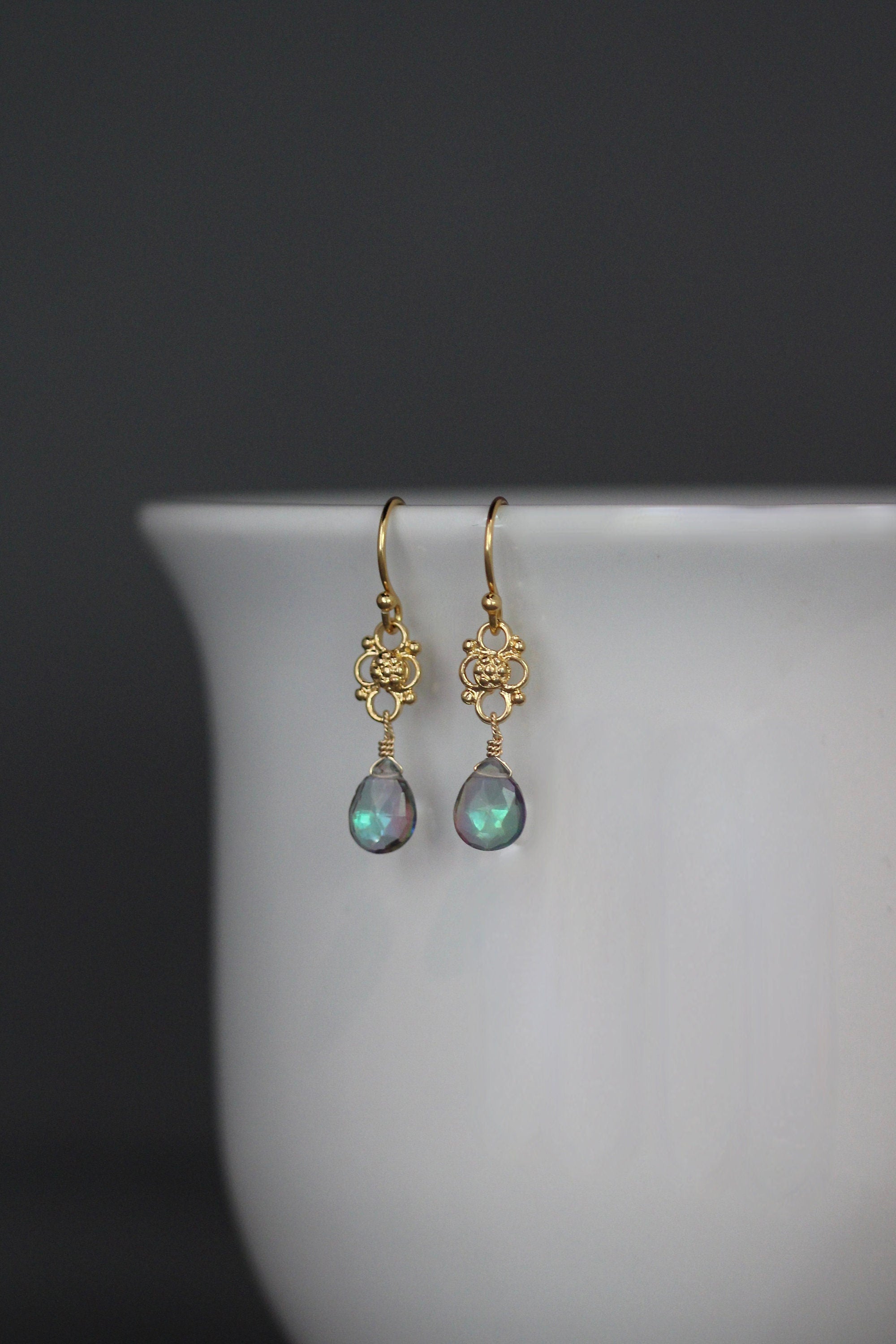 Mystic Quartz Iridescent Teardrop Earrings on Gold Vermeil Links
