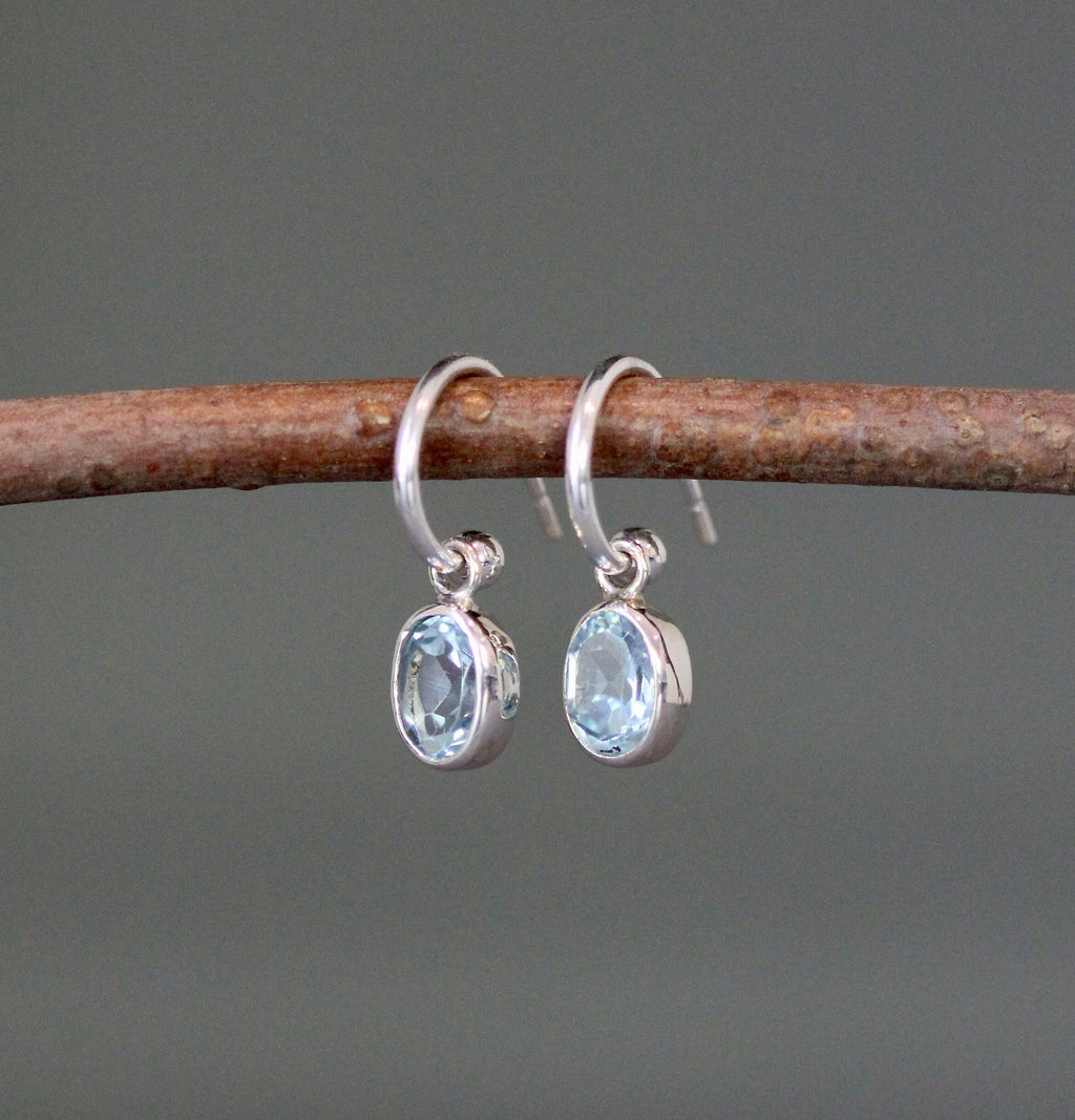 Blue Topaz Oval Bezel Charms on Sterling Silver Post Hoop Earrings