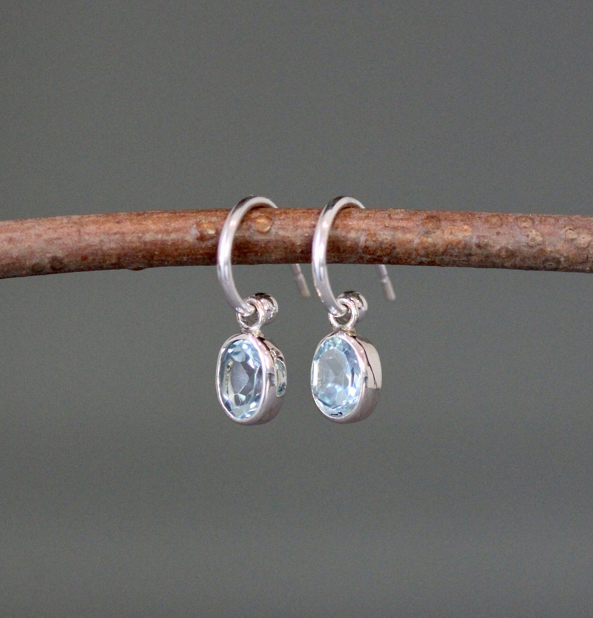 Blue Topaz Oval Bezel Charms on Sterling Silver Post Hoop Earrings