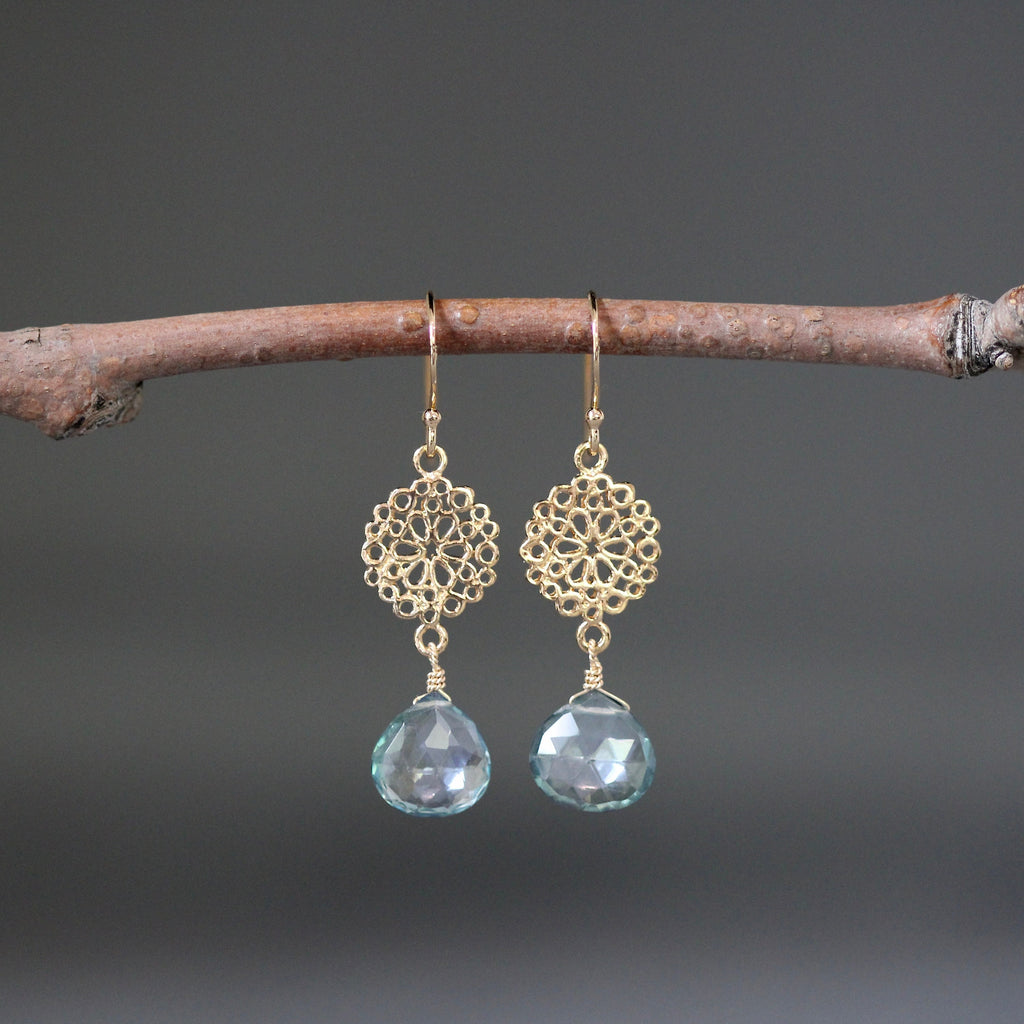 Green Mystic Quartz Teardrop Earrings on Gold Vermeil Filigree Links