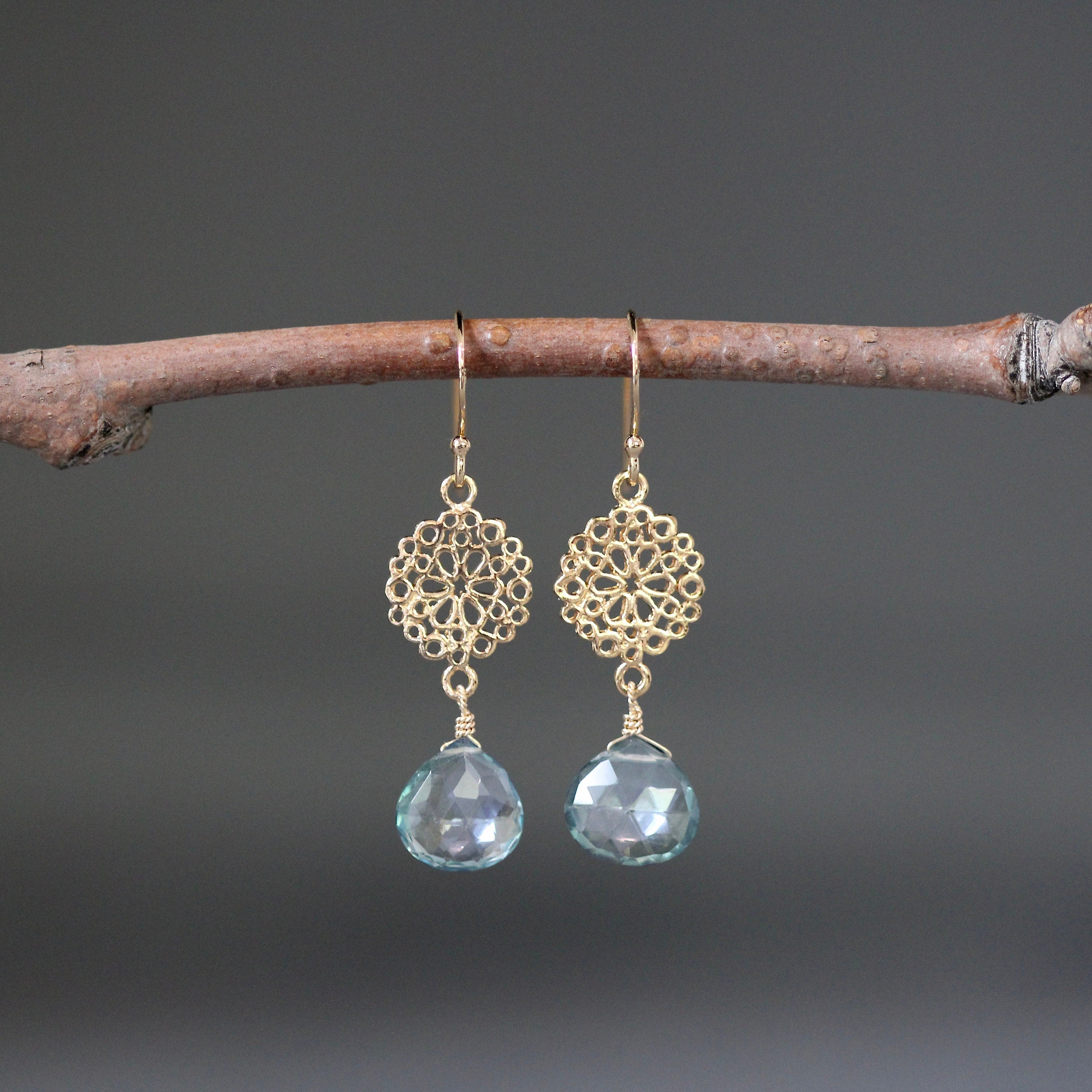 Green Mystic Quartz Teardrop Earrings on Gold Vermeil Filigree Links