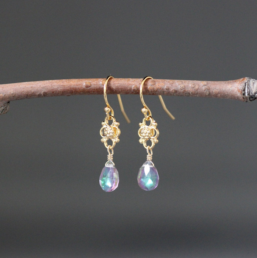 Mystic Quartz Iridescent Teardrop Earrings on Gold Vermeil Links