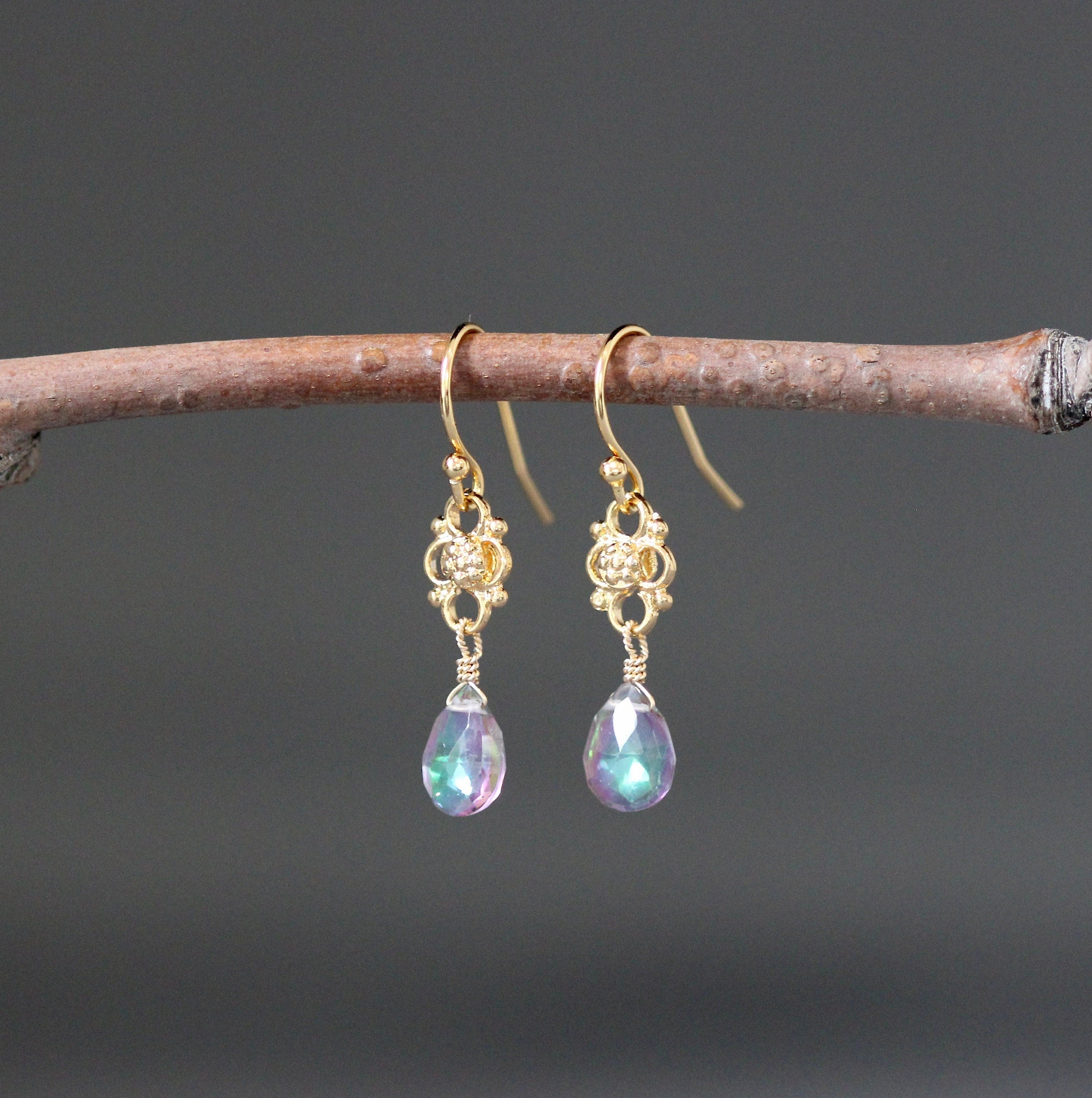 Mystic Quartz Iridescent Teardrop Earrings on Gold Vermeil Links