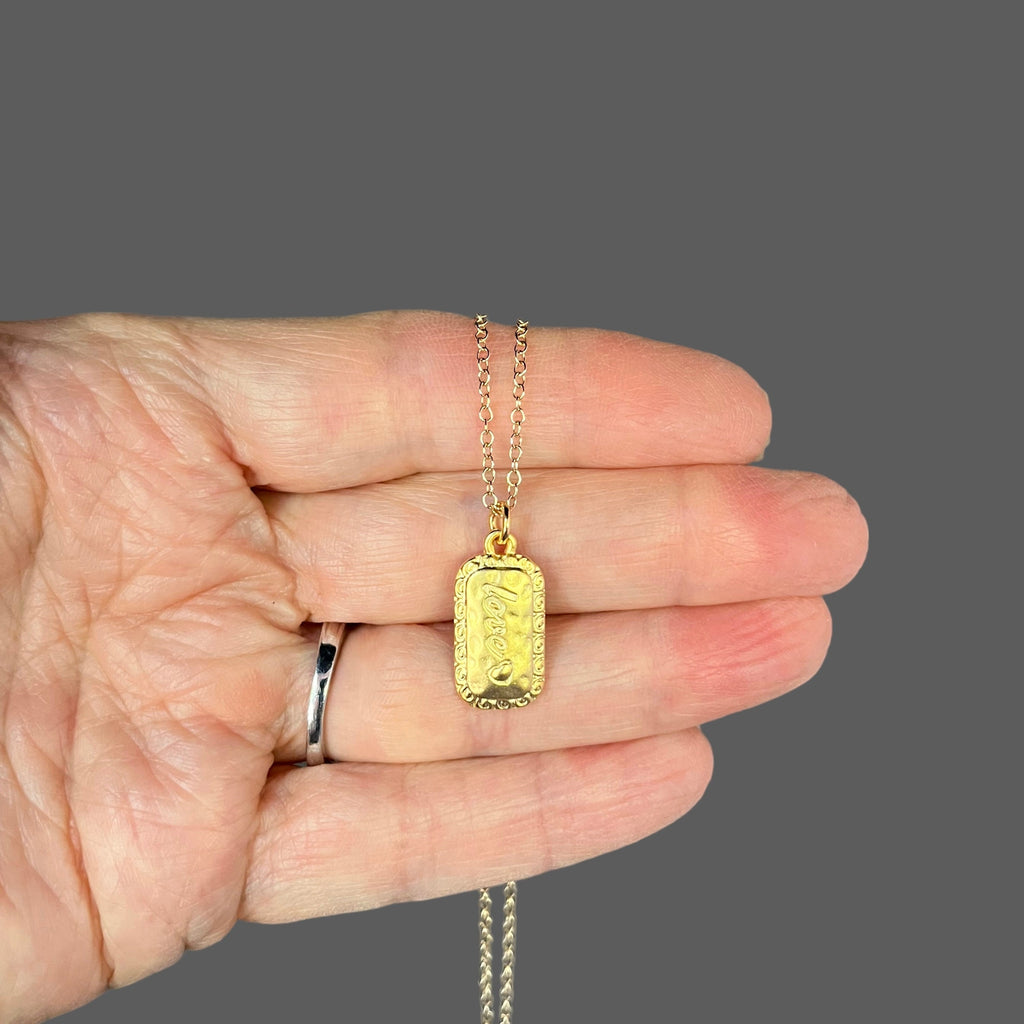 Gold Vermeil Love Dog Tag Pendant Necklace on a Gold Filled Chain