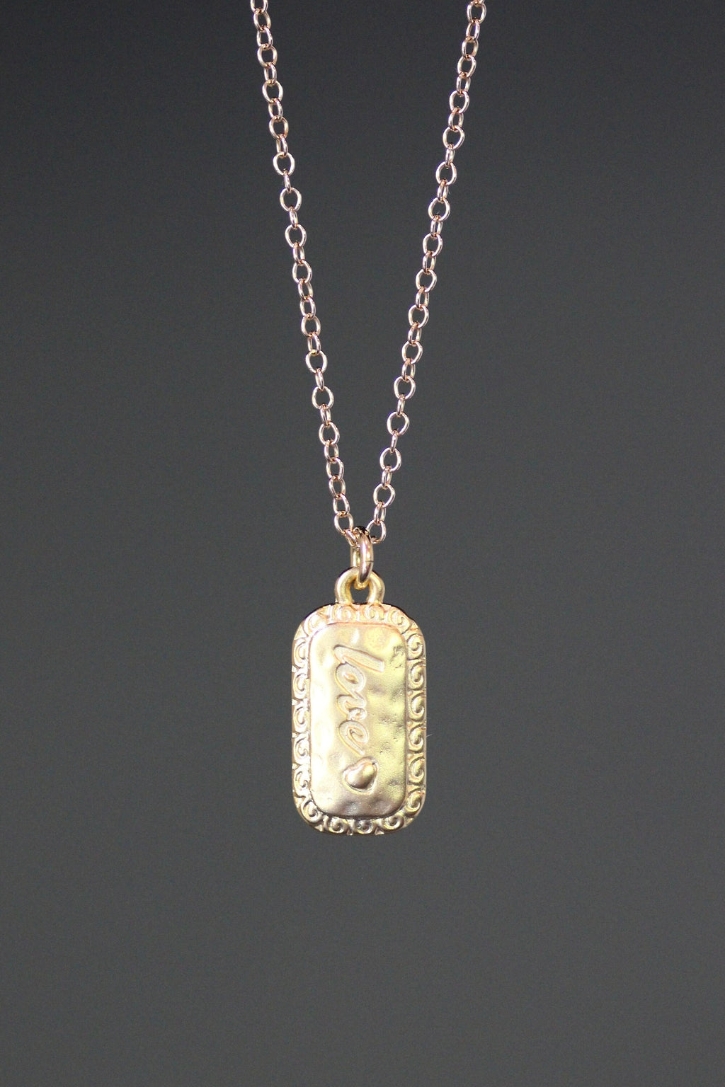 Gold Vermeil Love Dog Tag Pendant Necklace on a Gold Filled Chain