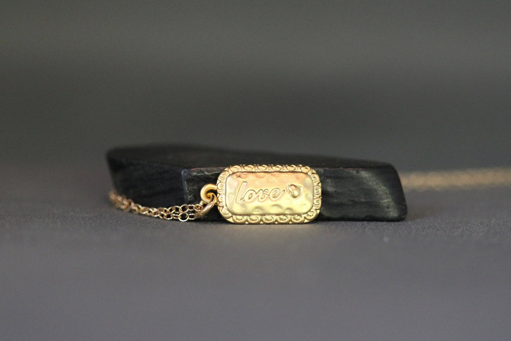 Gold Vermeil Love Dog Tag Pendant Necklace on a Gold Filled Chain