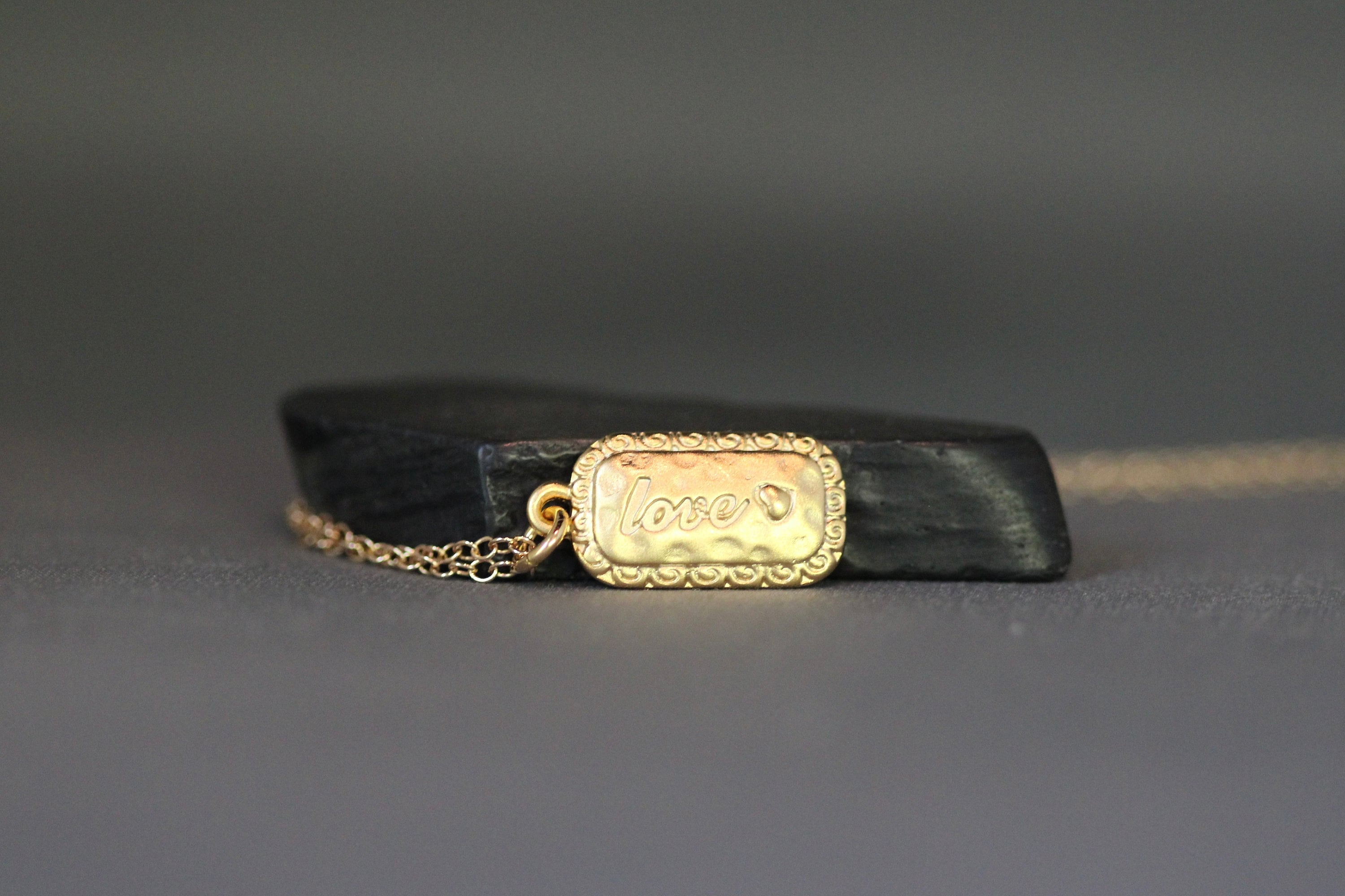 Gold Vermeil Love Dog Tag Pendant Necklace on a Gold Filled Chain