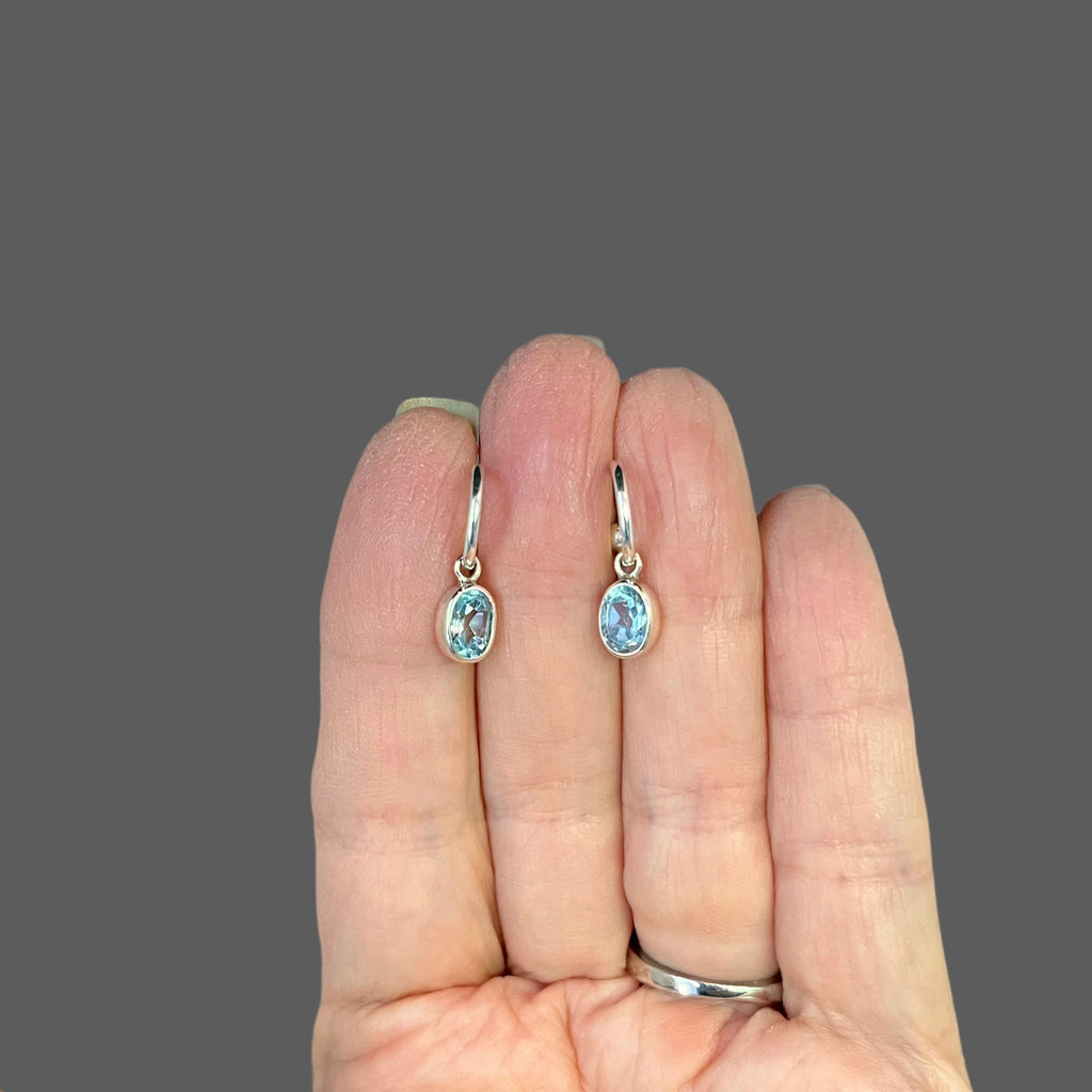 Blue Topaz Oval Bezel Charms on Sterling Silver Post Hoop Earrings