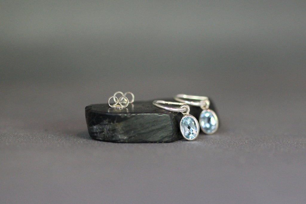 Blue Topaz Oval Bezel Charms on Sterling Silver Post Hoop Earrings