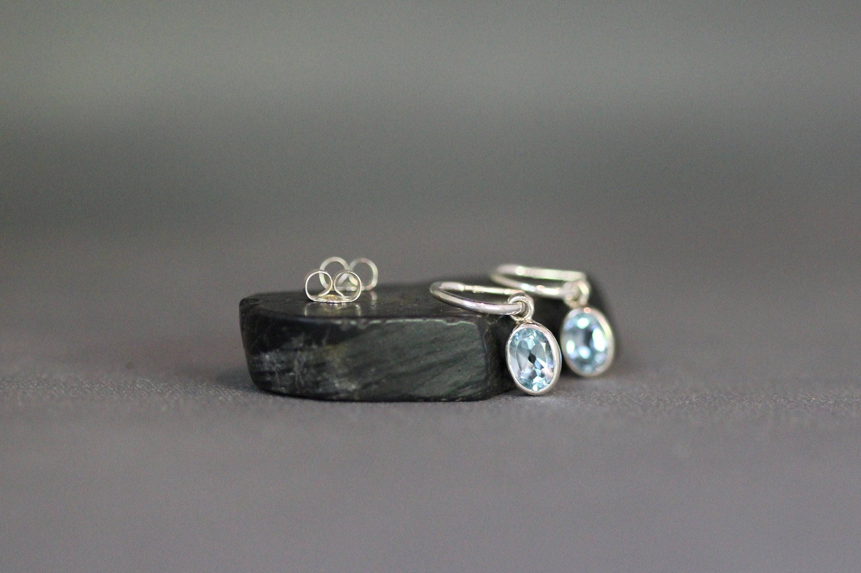 Blue Topaz Oval Bezel Charms on Sterling Silver Post Hoop Earrings