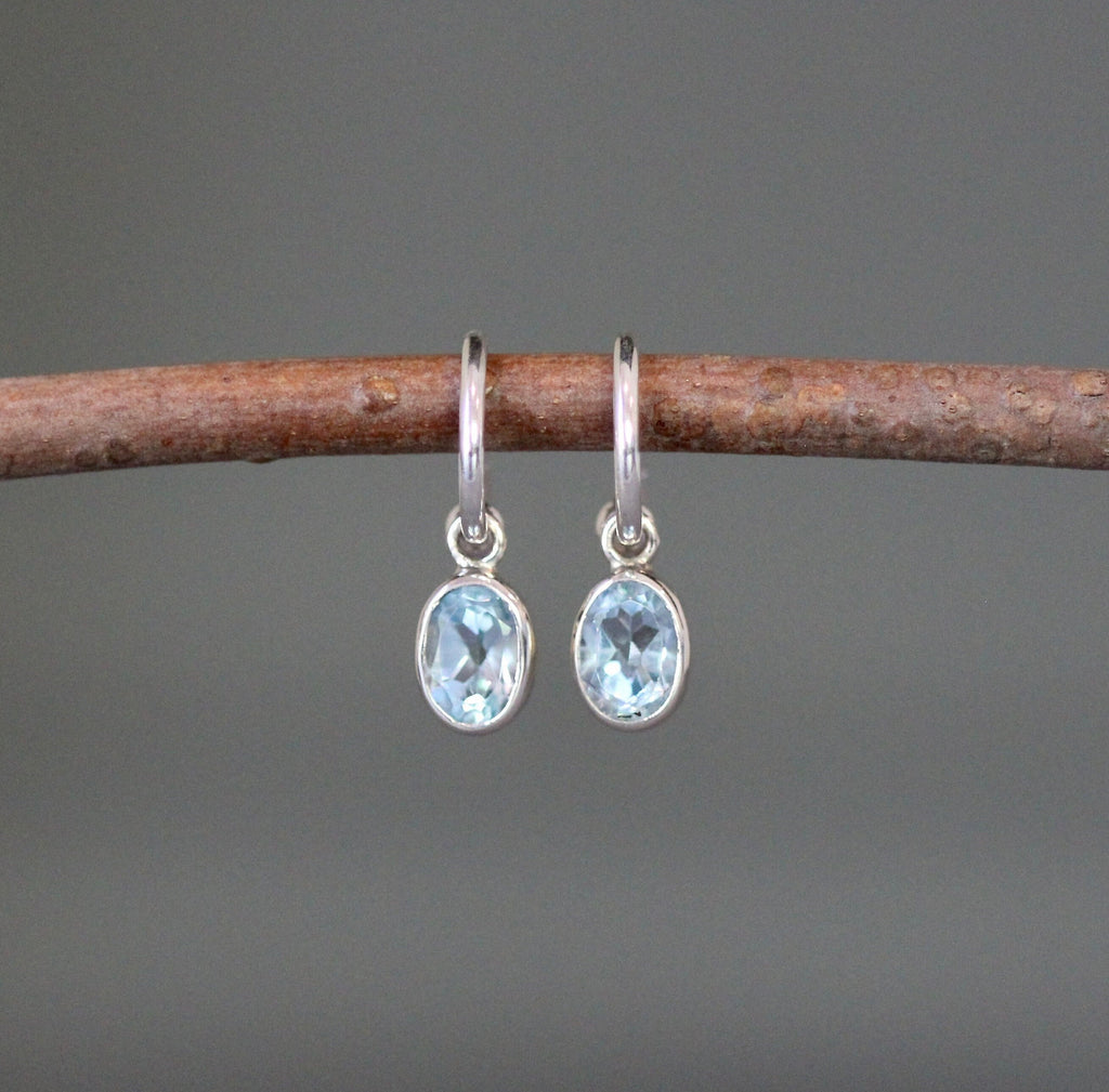 Blue Topaz Oval Bezel Charms on Sterling Silver Post Hoop Earrings
