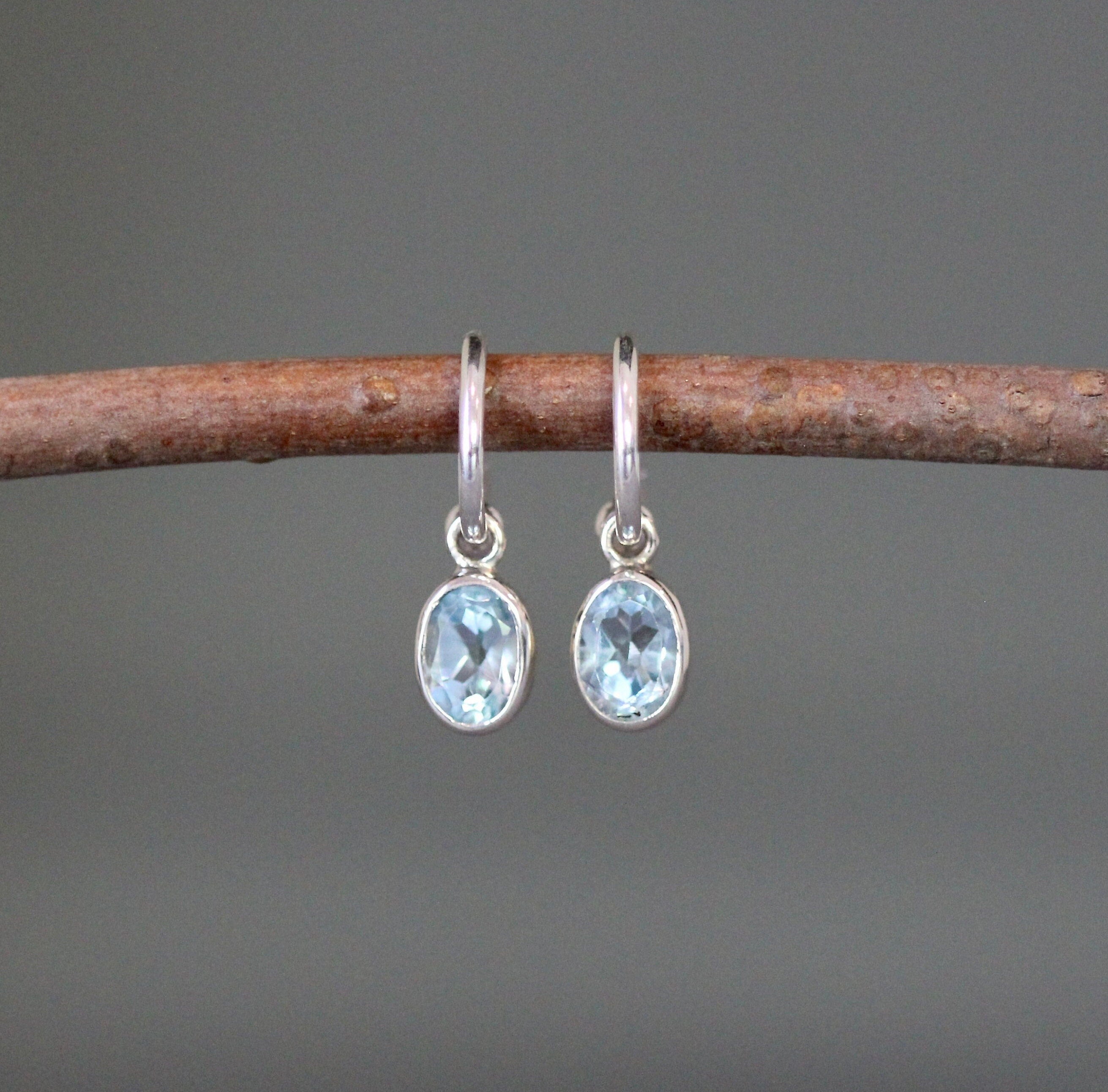 Blue Topaz Oval Bezel Charms on Sterling Silver Post Hoop Earrings