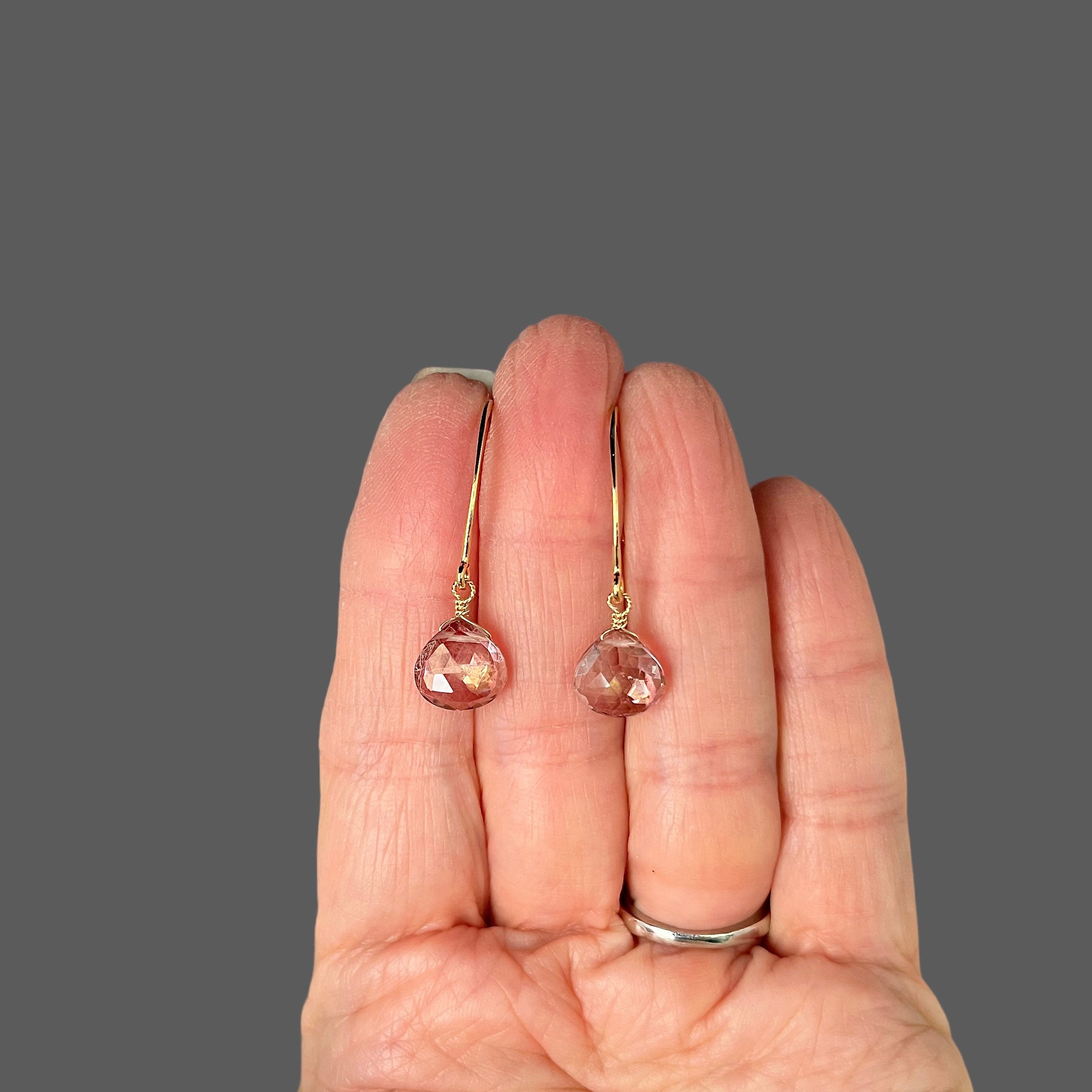 Pink Mystic Quartz Teardrop Dangle Earrings on Gold Vermeil Earwires