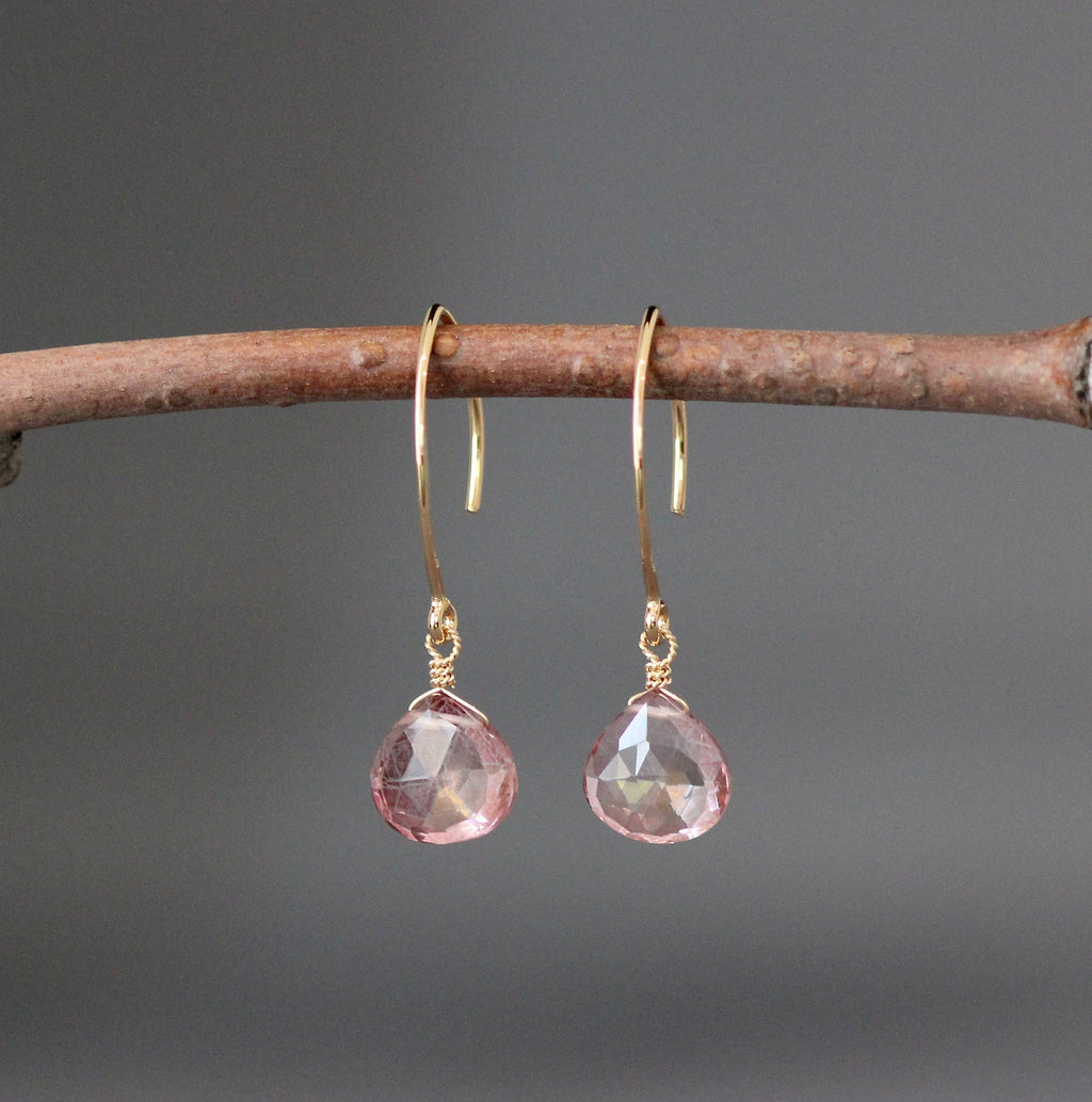 Pink Mystic Quartz Teardrop Dangle Earrings on Gold Vermeil Earwires