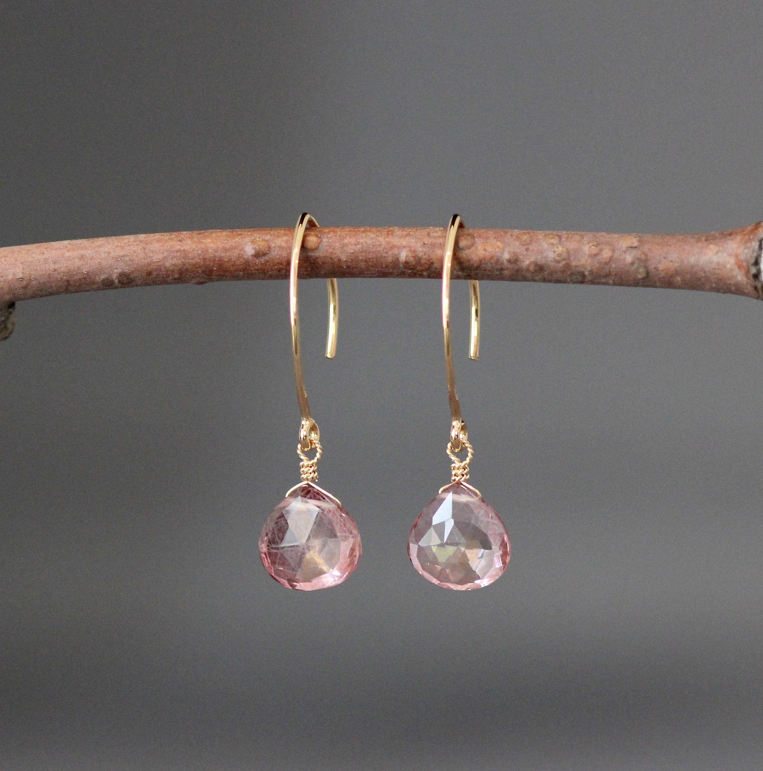 Pink Mystic Quartz Teardrop Dangle Earrings on Gold Vermeil Earwires