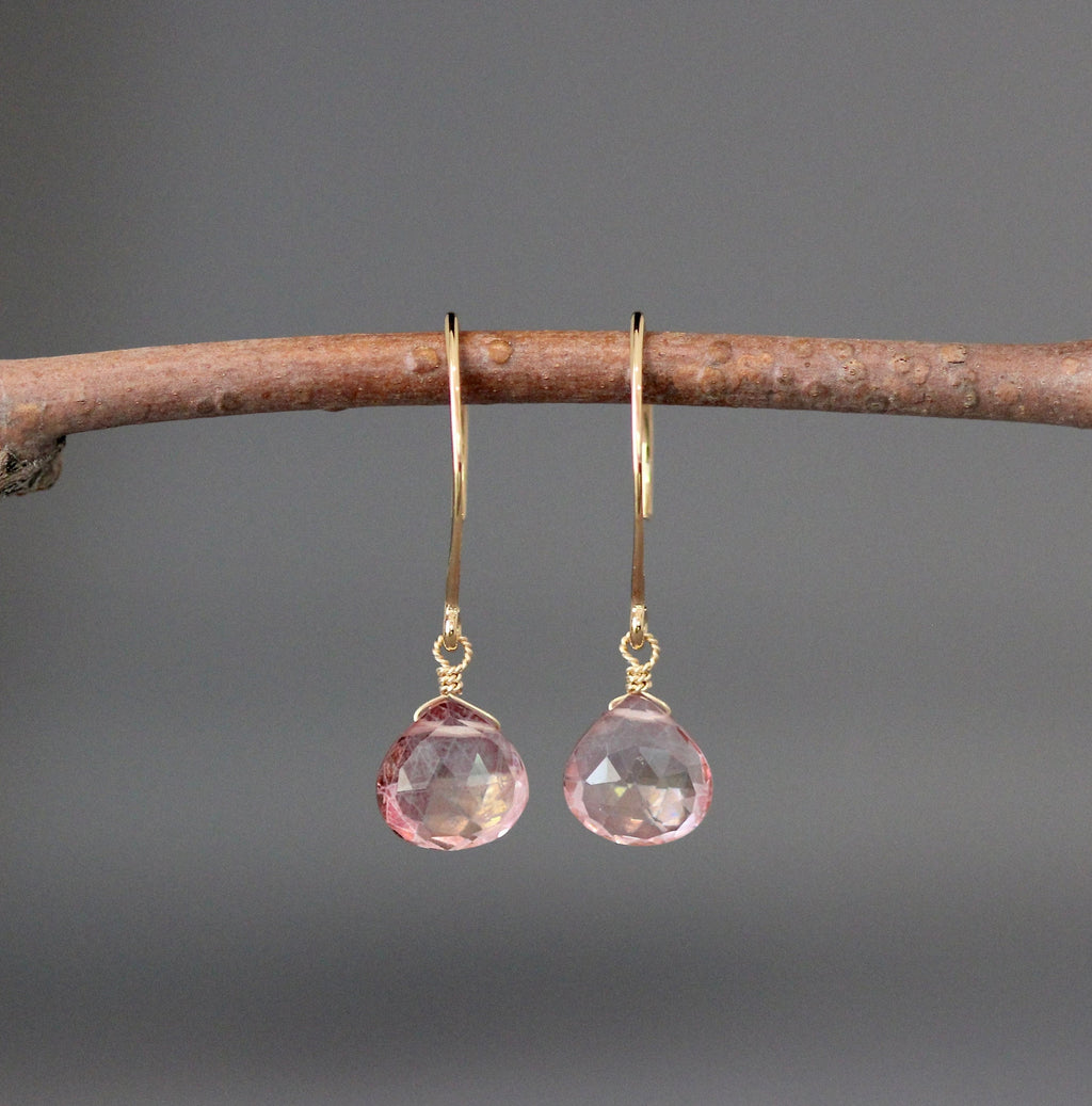 Pink Mystic Quartz Teardrop Dangle Earrings on Gold Vermeil Earwires