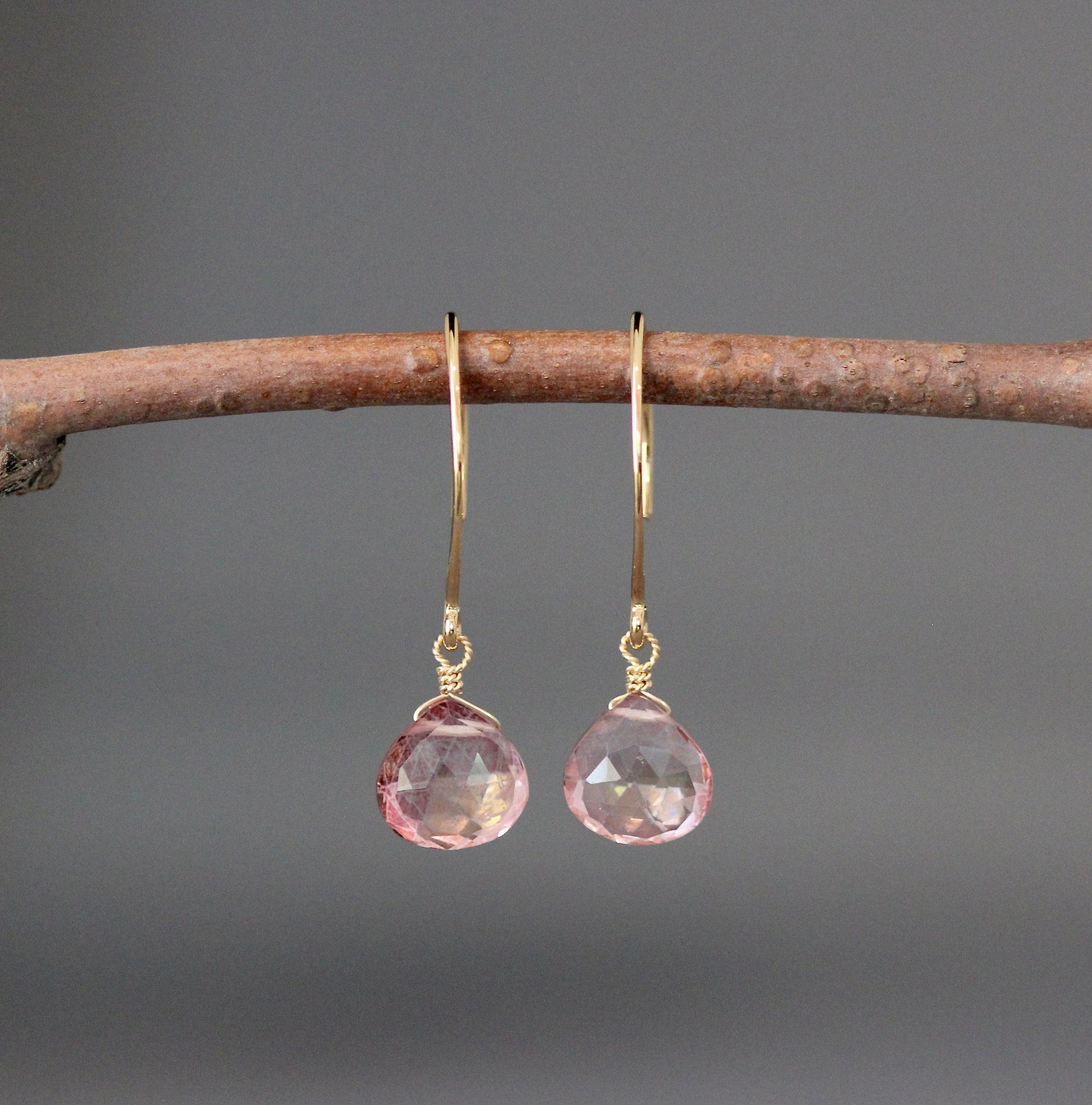 Pink Mystic Quartz Teardrop Dangle Earrings on Gold Vermeil Earwires