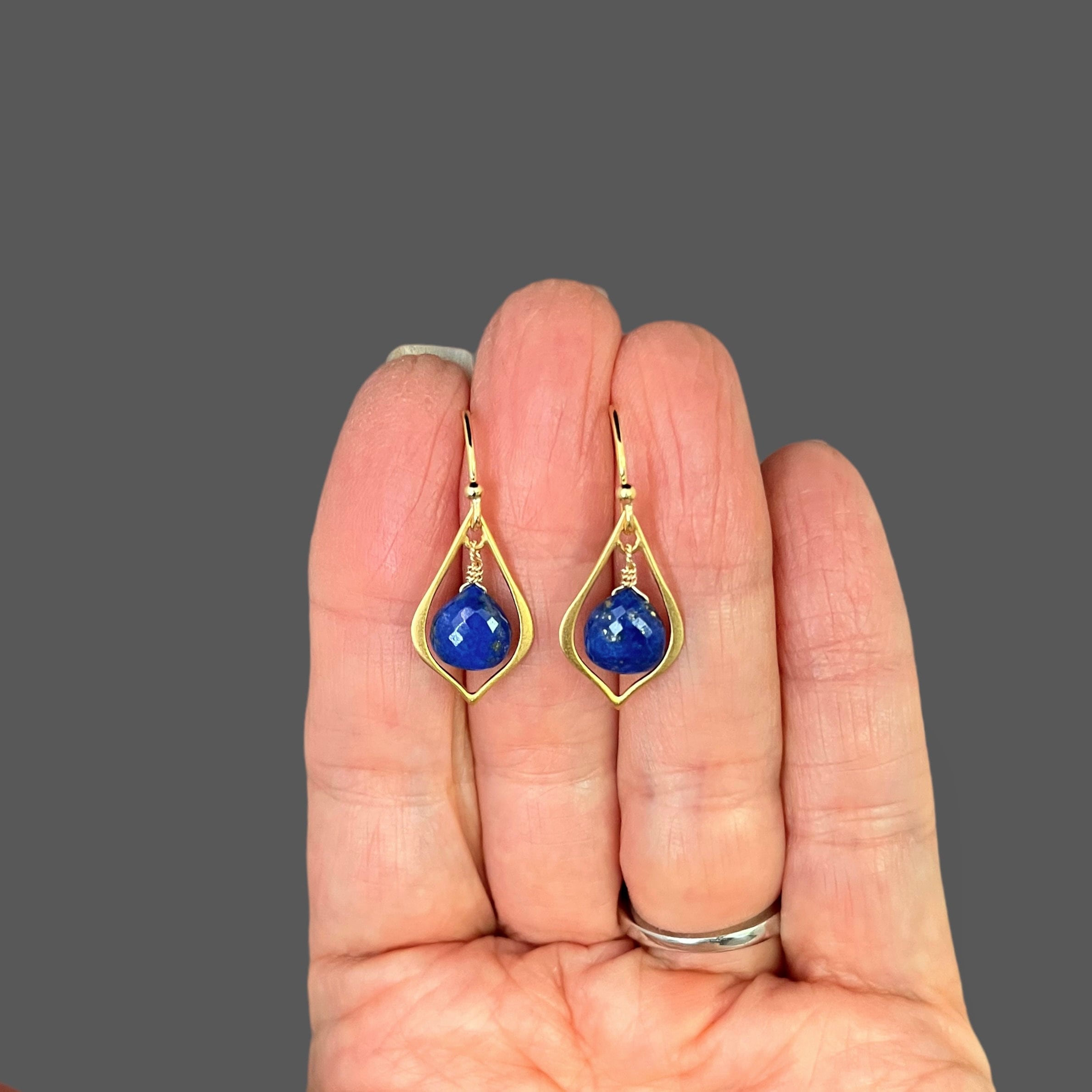 Lapis Lazuli Teardrop Dangle Earrings on Matte Gold Vermeil Links