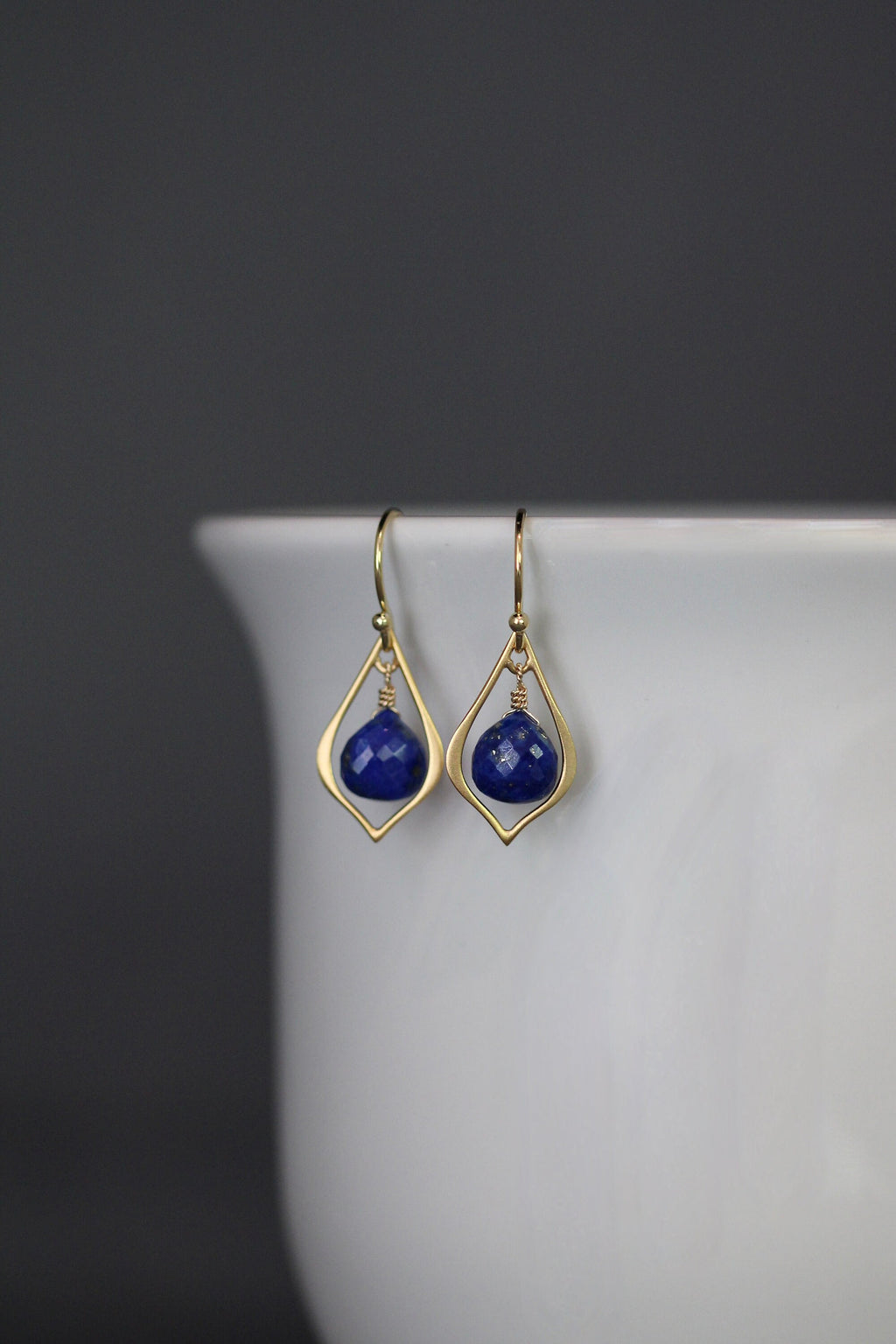 Lapis Lazuli Teardrop Dangle Earrings on Matte Gold Vermeil Links
