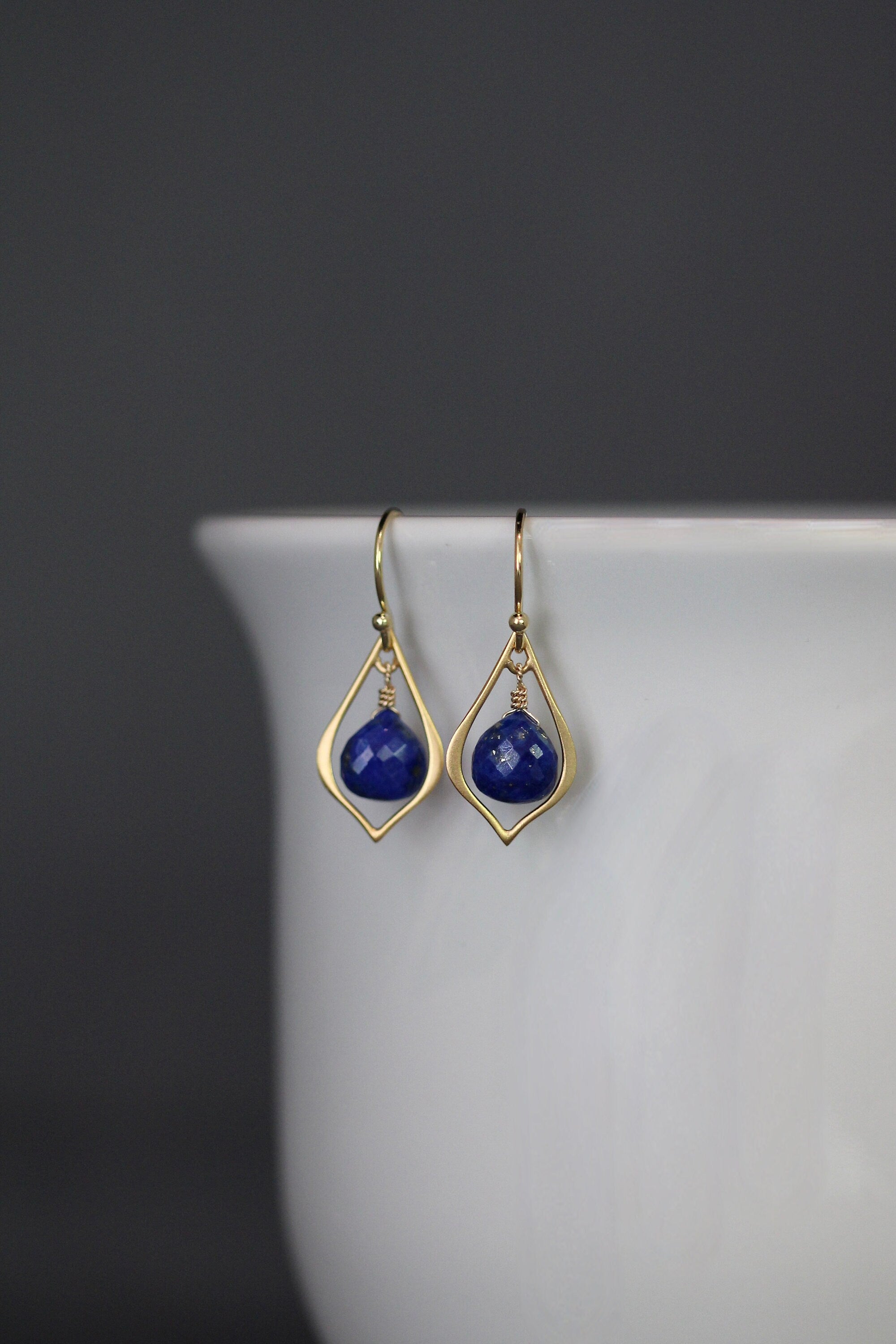 Lapis Lazuli Teardrop Dangle Earrings on Matte Gold Vermeil Links