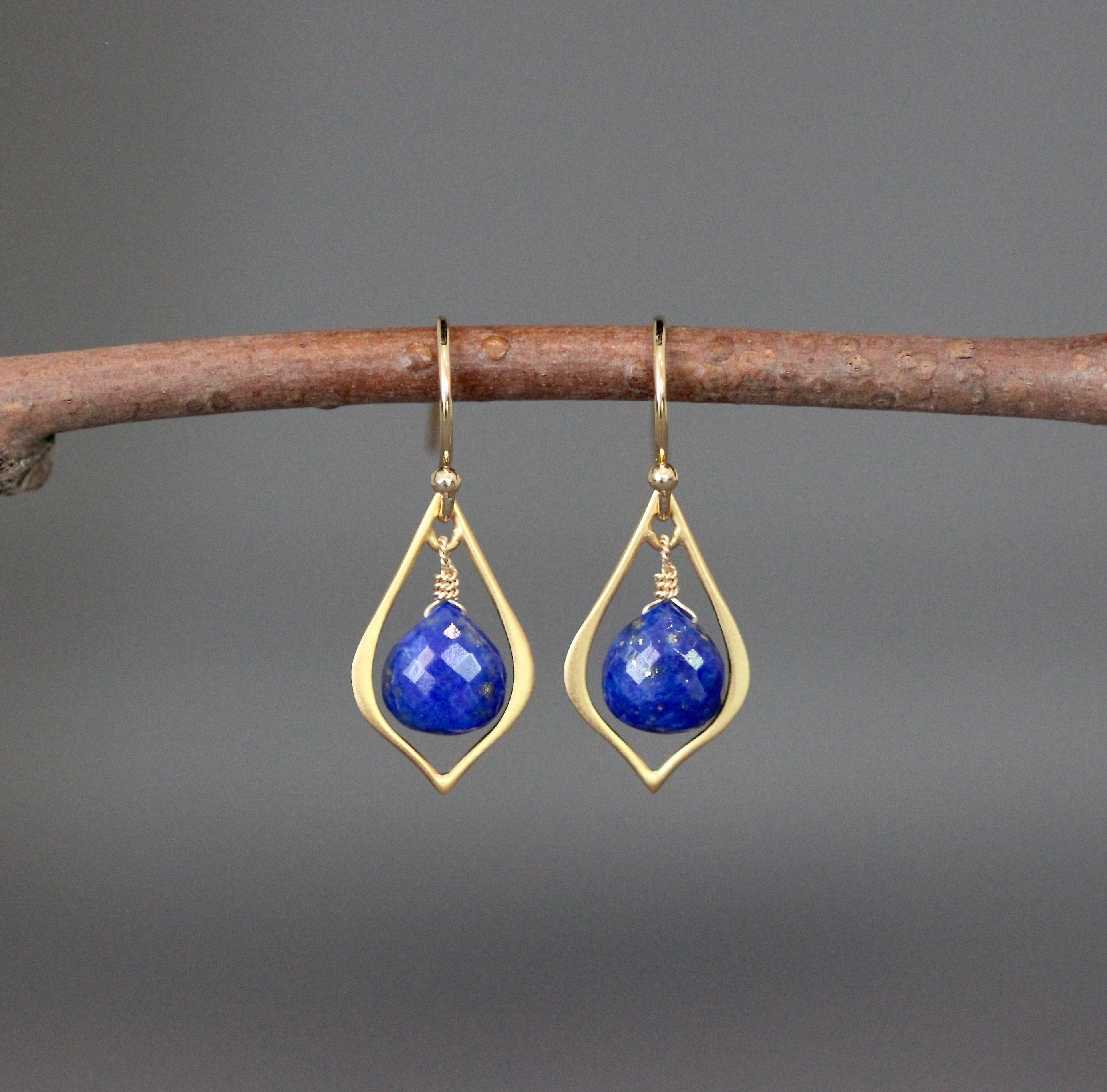 Lapis Lazuli Teardrop Dangle Earrings on Matte Gold Vermeil Links