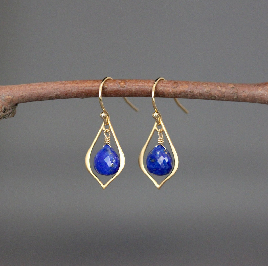 Lapis Lazuli Teardrop Dangle Earrings on Matte Gold Vermeil Links