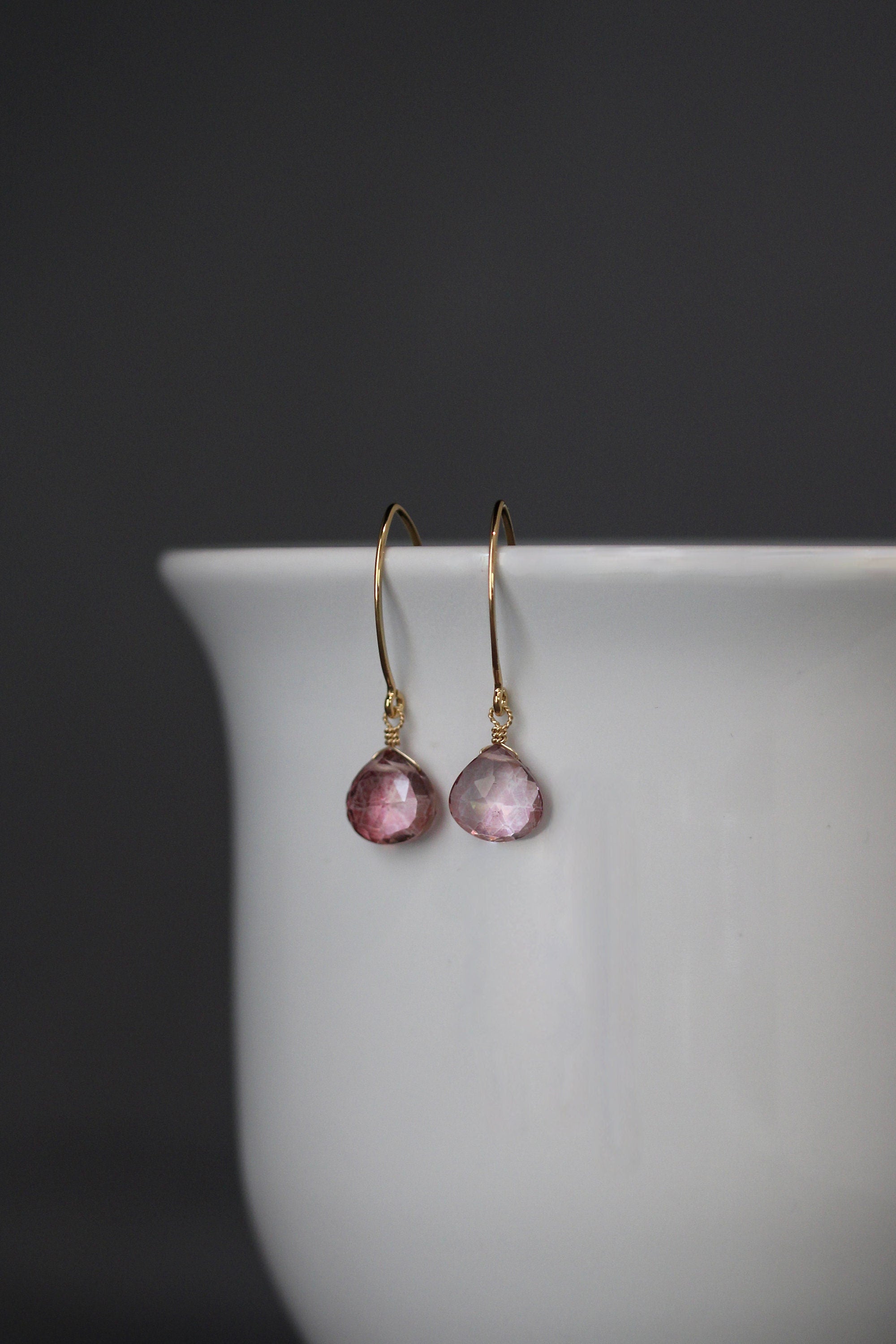 Pink Mystic Quartz Teardrop Dangle Earrings on Gold Vermeil Earwires